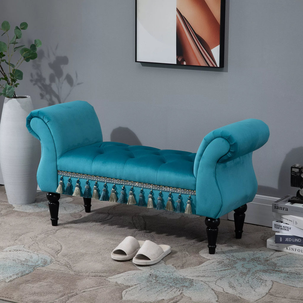 Sėdimoji sofa su aksomo apmušalu, porankiais, mediniu rėmu, batų dėžė miegamajam, svetainei, prieškambariui 117 x 40 x 58 cm Mėlyna
