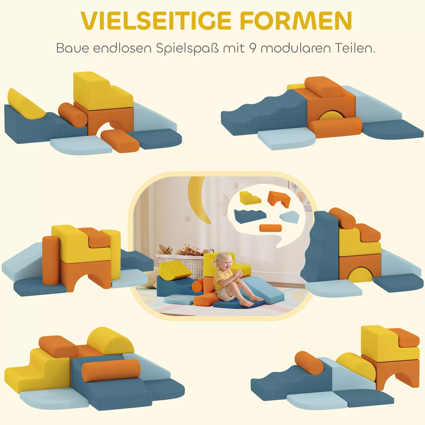 9 dalių minkštų blokelių rinkinys, minkšti blokeliai statyboms ir žaidimams, vidinis žaidimų rinkinys mažyliams, putplastis, spalvotas