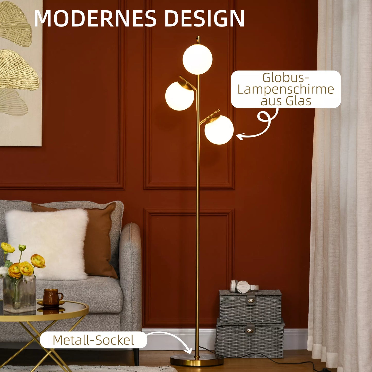 Pastatomas šviestuvas retro dizaino, pastatoma lempa su 3 gaubteliais, stiklas, auksas