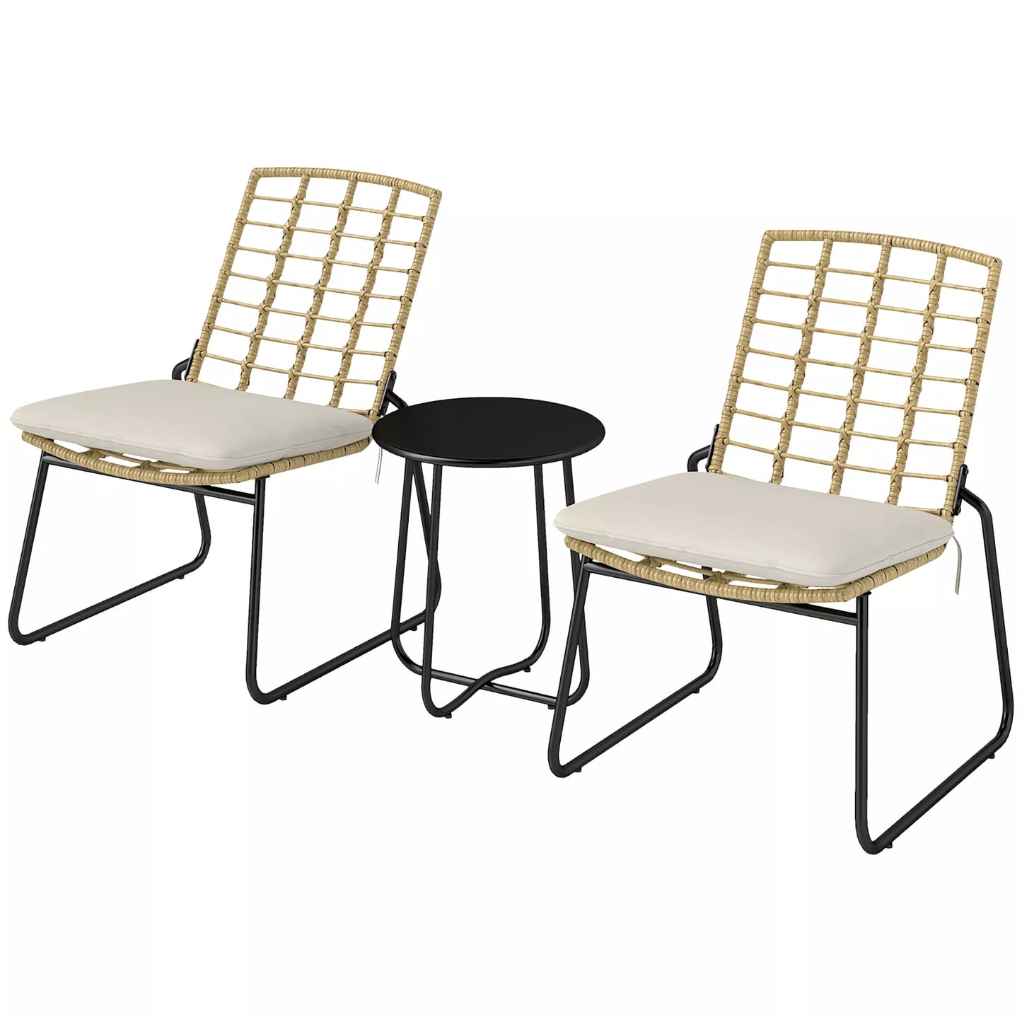 3 dalių sodo baldų komplektas, 2 rotango kėdės, 1 stalas su metaline plokšte, sėdimosios pagalvėlės, bistro komplektas, smėlio spalvos ir ruda