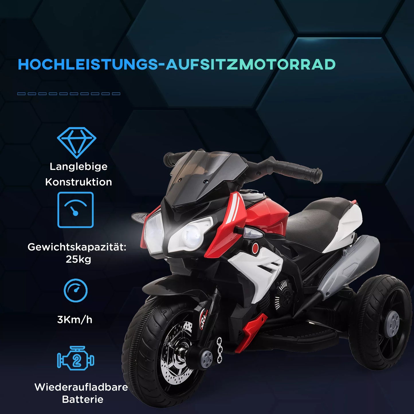 Elektrinis vaikiškas motociklas, šviesos ir garsai, 3 km/h, įkraunamas, plastikas ir metalas, juoda/raudona