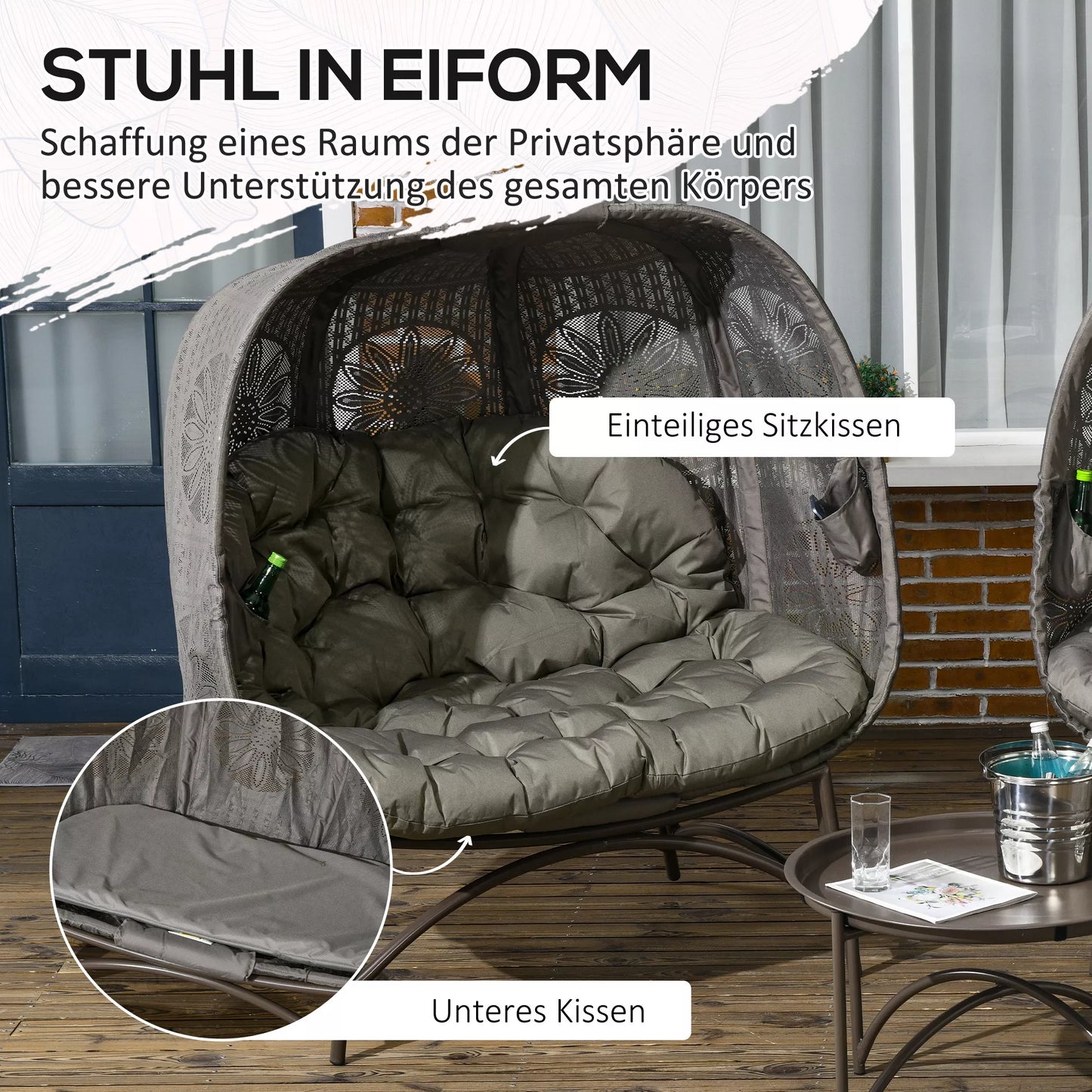 Sodo baldų komplektas, 2 pinti foteliai su staliuku, sulankstomas, sėdimosios pagalvėlės, metalinis rėmas, spalva: smėlio