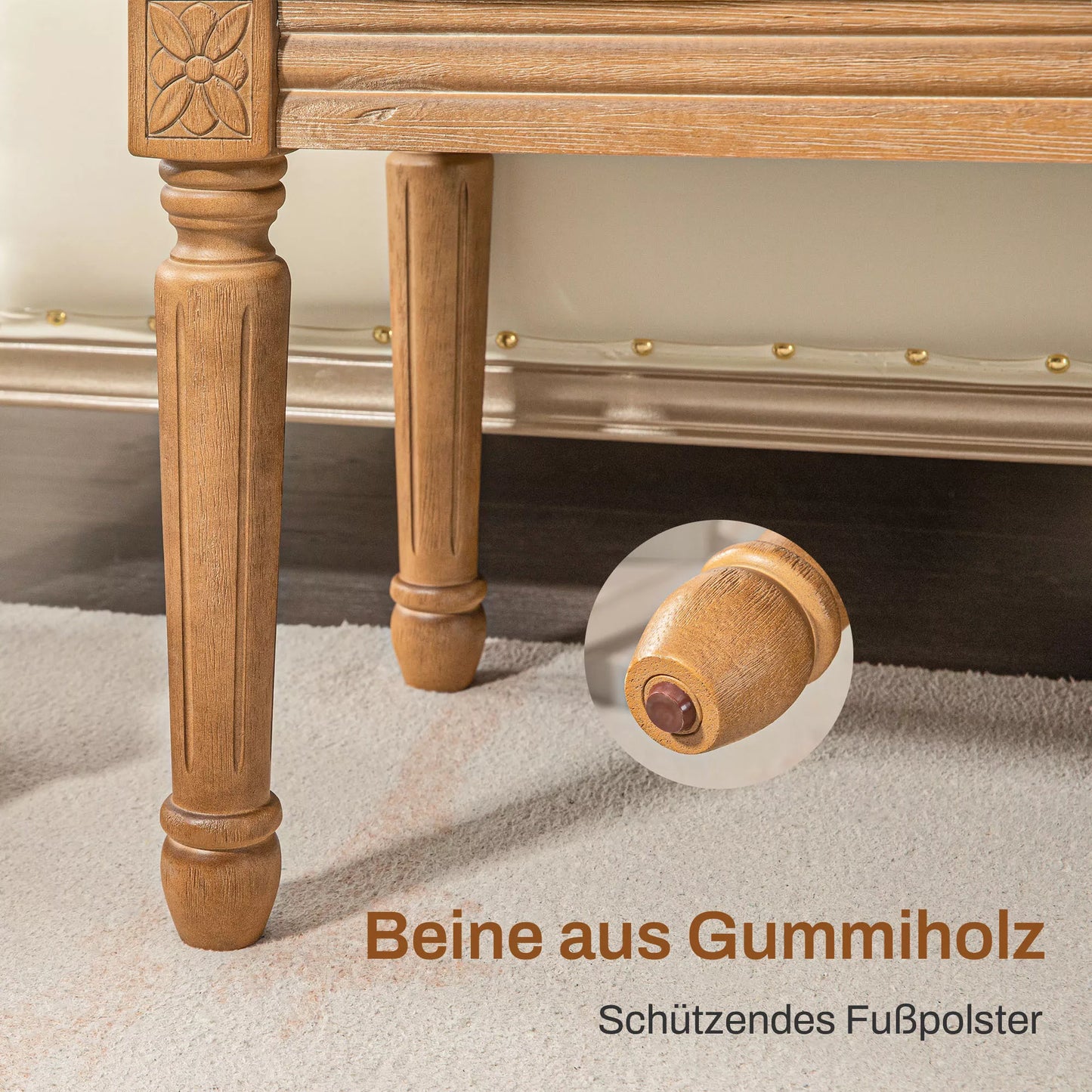 Paminkštinta suoliukas su sagčių dygsniavimu, lovos suoliukas, vintažinis dizainas, 120x41x48cm, kreminės baltos spalvos