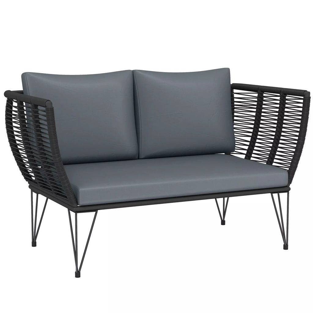Sodo sofa su pagalvėlėmis, dvivietė sofa, lauko sofa, balkono sofa, rotango sofa, polirataniniai sodo baldai, 123 x 67 x 72 cm, šviesiai pilka