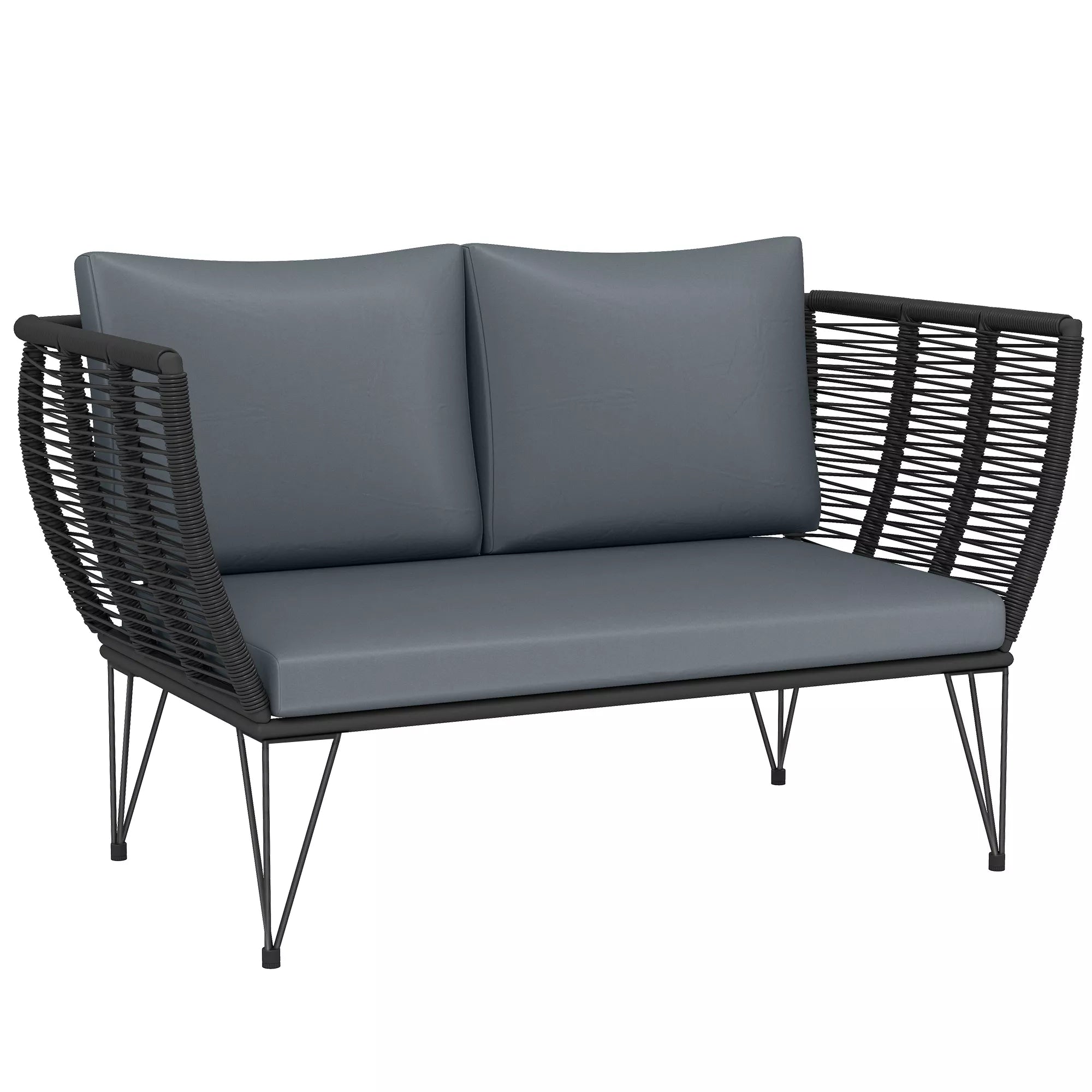 Sodo sofa su pagalvėlėmis, dvivietė sofa, lauko sofa, balkono sofa, rotango sofa, polirataniniai sodo baldai, 123 x 67 x 72 cm, šviesiai pilka