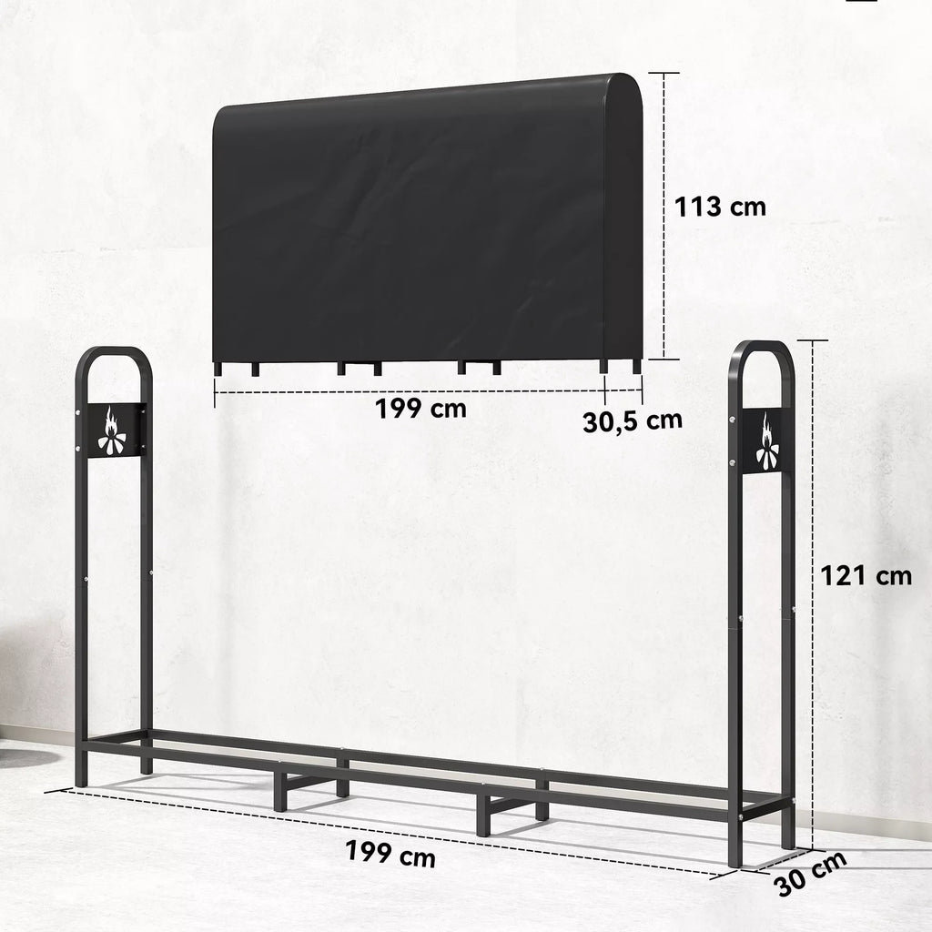 Metalo malkų laikiklis 199 x 30 x 121 cm, 0,6 m³ talpos, su vandeniui atspariu uždangalu, iki 300 kg