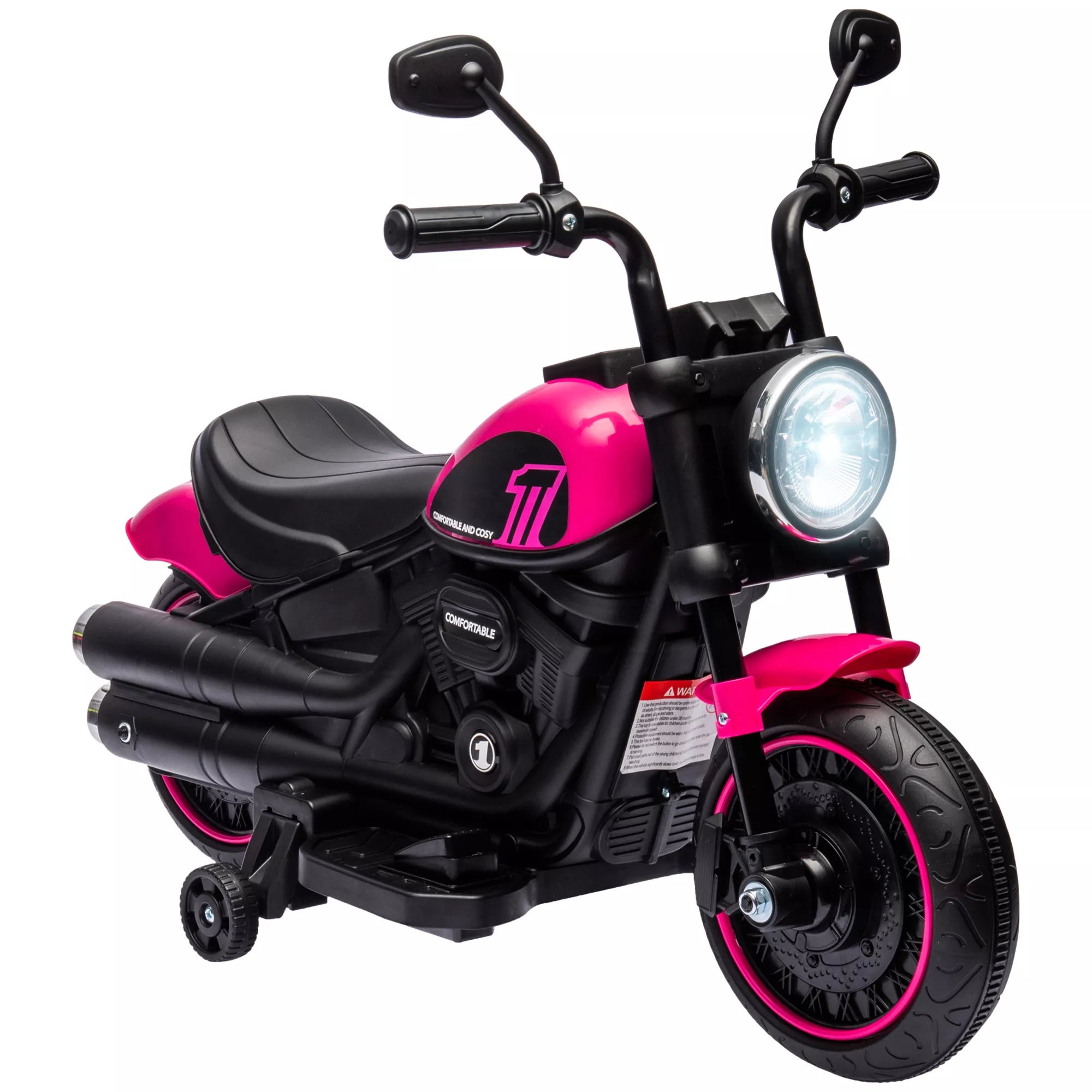 Elektrinis vaikų motociklas su pagalbiniais ratais, žibintais, greitis nuo 1,5 iki 3 km/h, skirtas vaikams nuo 1,5 iki 3 metų, rožinis