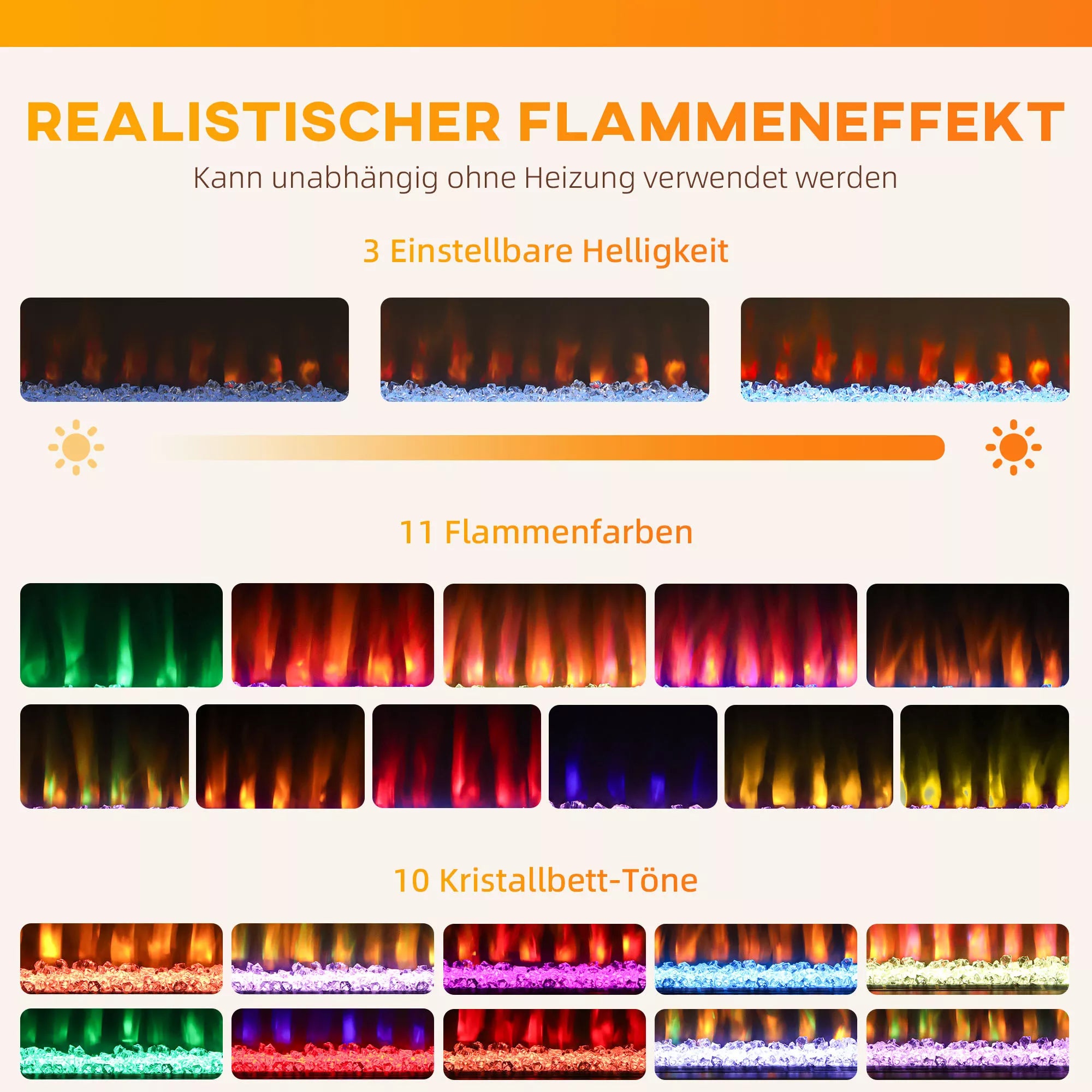 Elektrinis židinys su 11 liepsnos spalvų, 10 kristalų lovos spalvų, 1000 W/2000 W, nuotolinio valdymo pultas, universalus, baltas