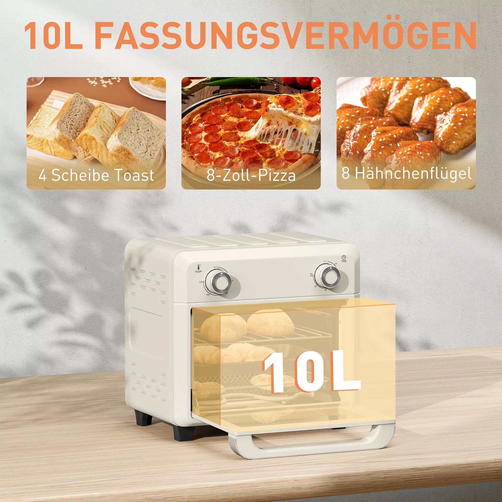 10 l karšto oro orkaitė kepimui, kepimui ir gruzdinimui, laikmatis, 1000 W, galima plauti indaplovėje, kreminė balta spalva