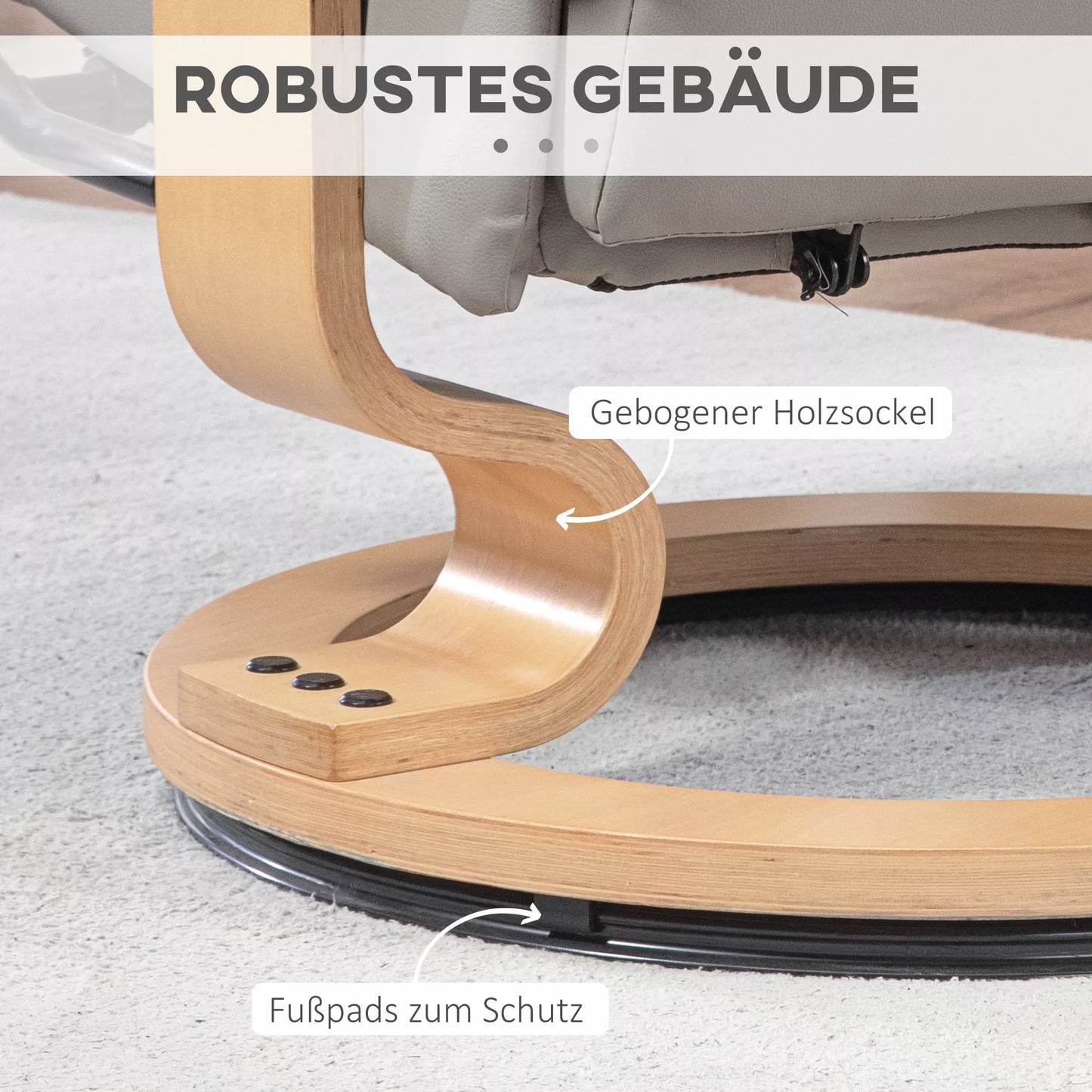 Atpalaiduojantis fotelis su taburete, pasukamas ir pakreipiamas, dirbtinės odos apmušalas, iki 150 kg, medinis rėmas, pilkos spalvos