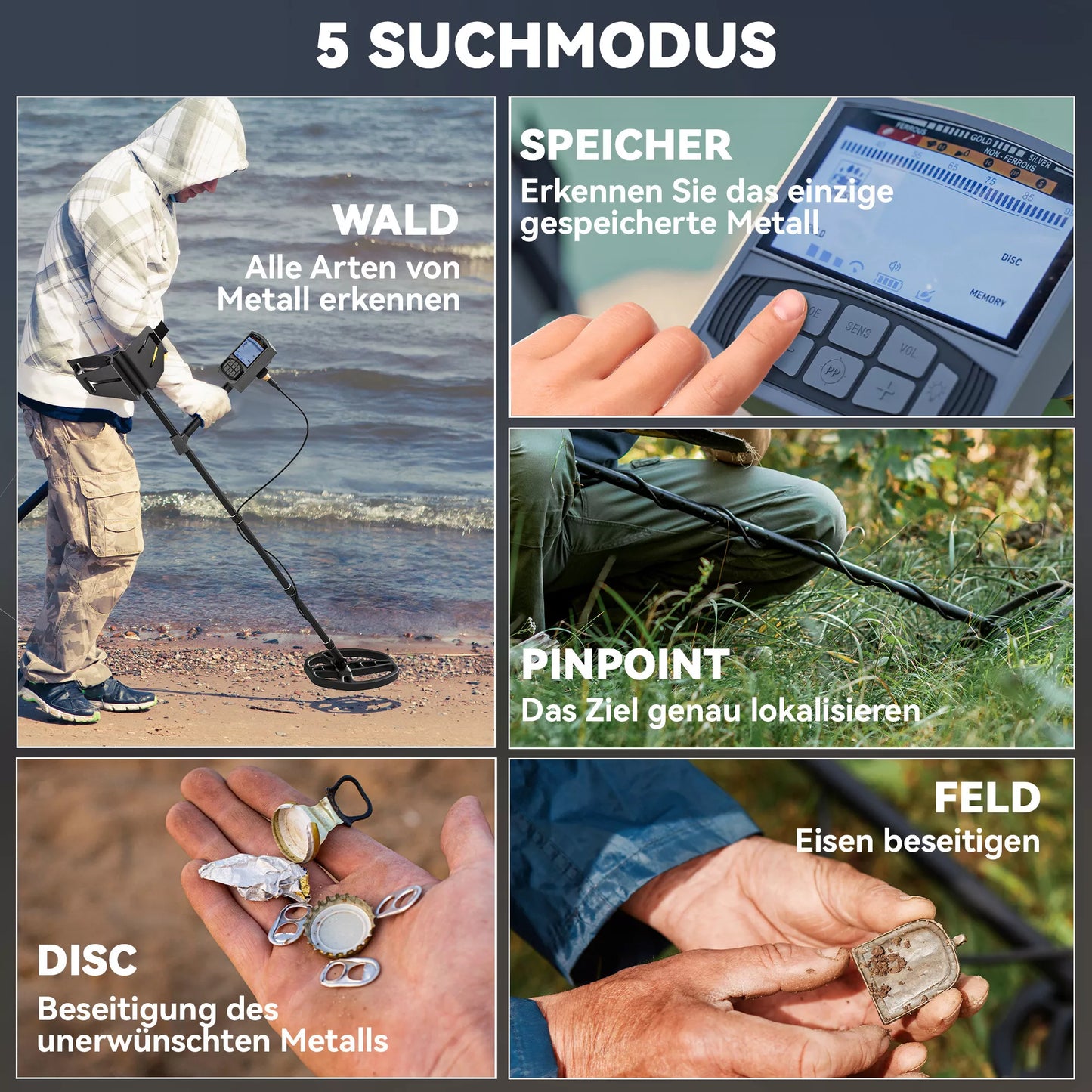 Nešiojamas metalo detektorius suaugusiems, 5 režimai, su garsiniu signalu, ritė, LCD ekranas, IP68 atsparus vandeniui, tamsiai pilkas