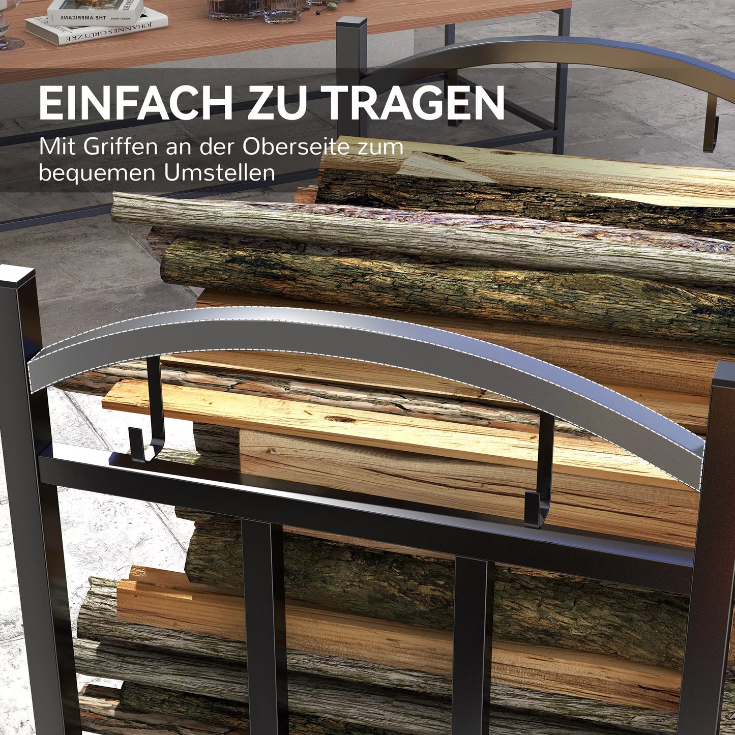 Vidinis malkų stovas 46 x 32 x 126 cm, 3 lygiai, malkų lentyna su 4 kabliukais, metalas, juodas