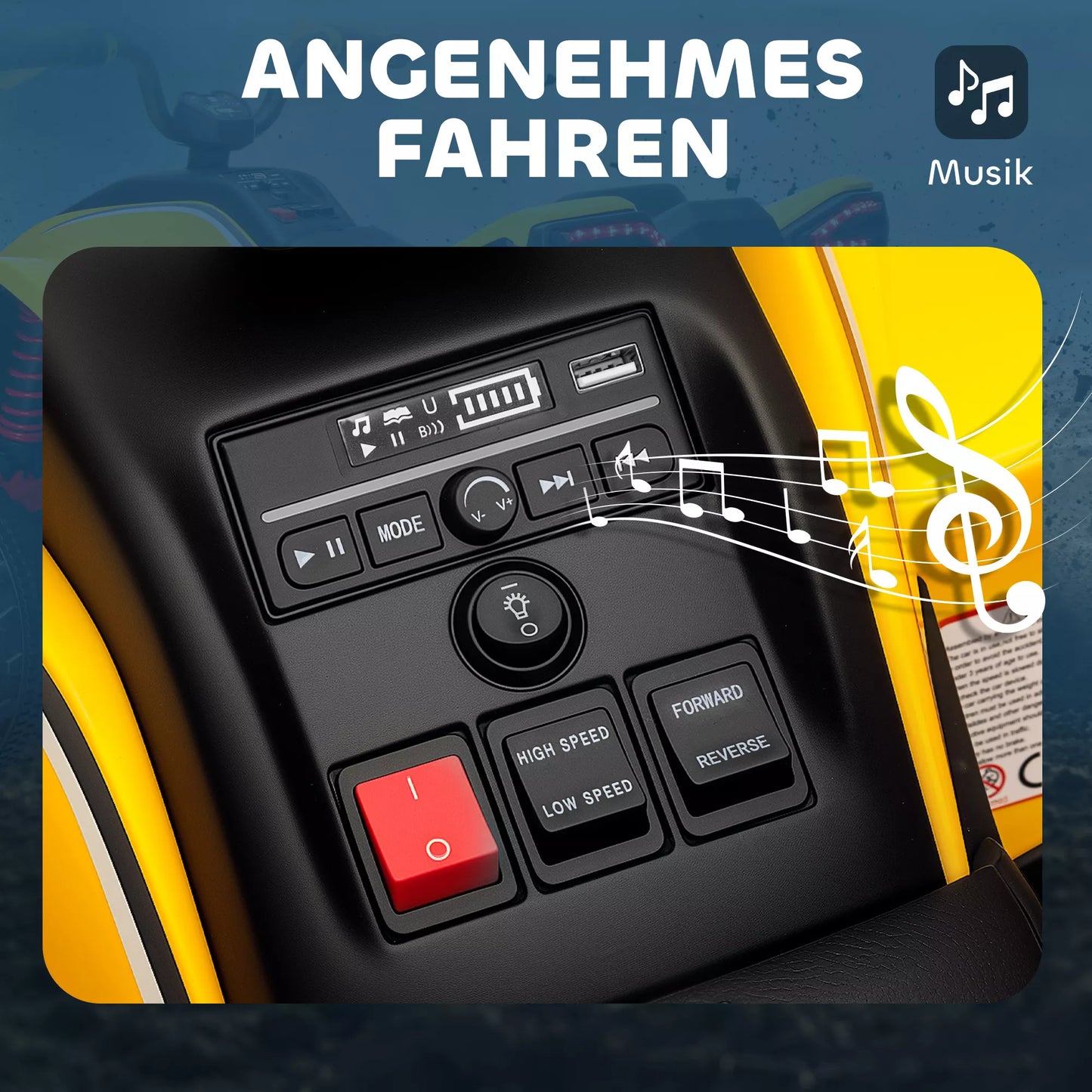 Elektrinis keturratis vaikams, 3-6 km/val., LED priekiniai žibintai, muzika, USB, skirtas 3–8 metų vaikams, geltonas