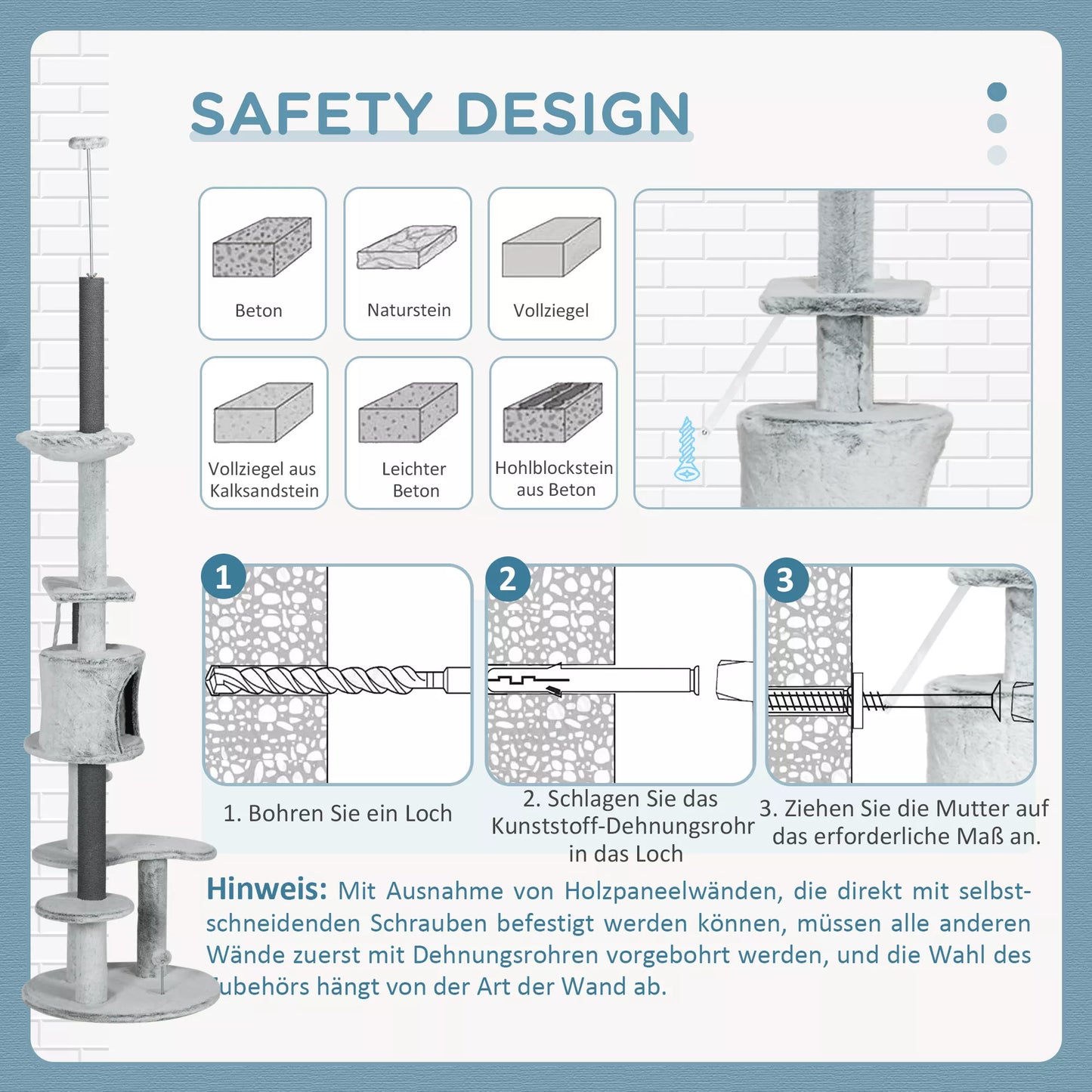 Katės medis su lubų įtempiu, hamaku, nameliu, platformomis, žaisliuku, 225-255cm, Pilkas
