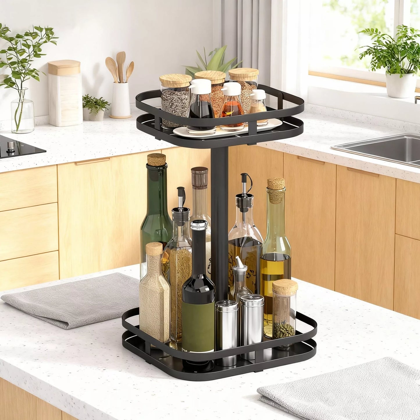 Pasukamas prieskonių stovas, 2 pakopų dizainas, siurbtuvės, metalas, juodas