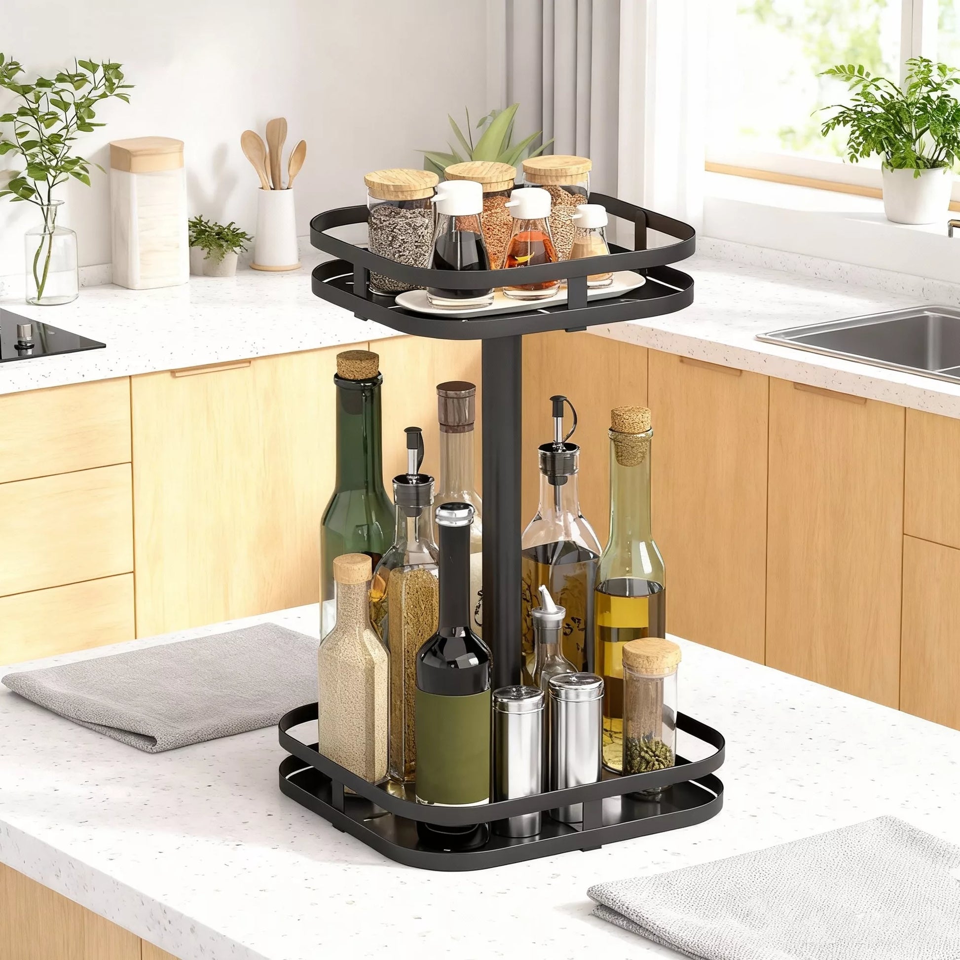 Pasukamas prieskonių stovas, 2 pakopų dizainas, siurbtuvės, metalas, juodas