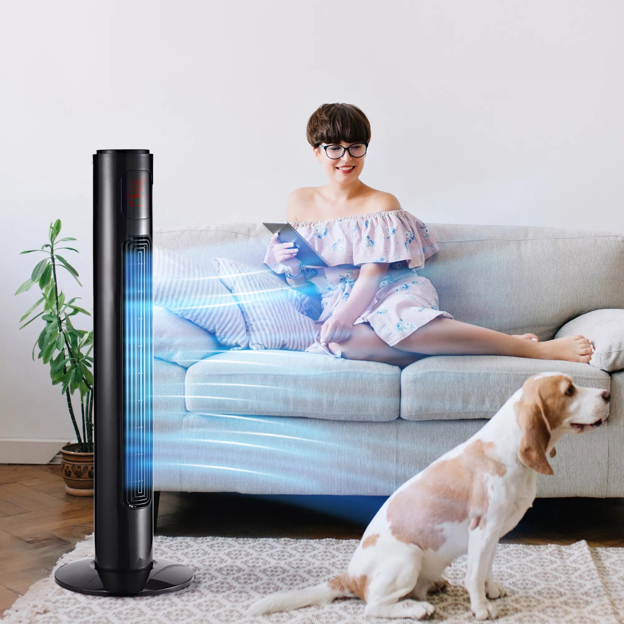 70° kampu besisukantis bokštinis ventiliatorius su nuotolinio valdymo pultu, 3 režimais, 3 greičiais, laikmačiu, 32 x 32 x 96 cm, juodos spalvos