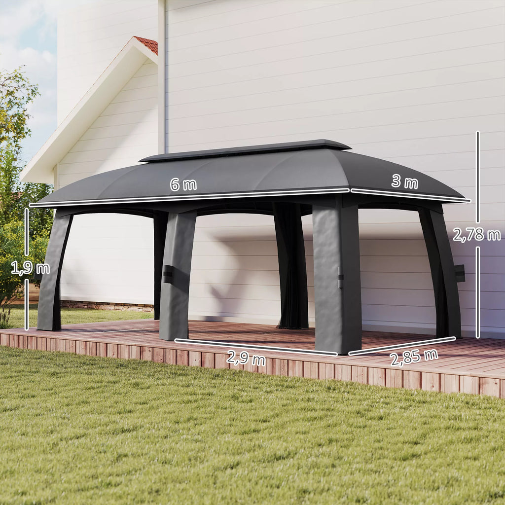 Paviljonas, šventinė palapinė, su tinklais nuo vabzdžių, apsauga nuo vėjo, iki 15 žmonių, tamsiai pilkos spalvos, 3 x 6 x 3 m