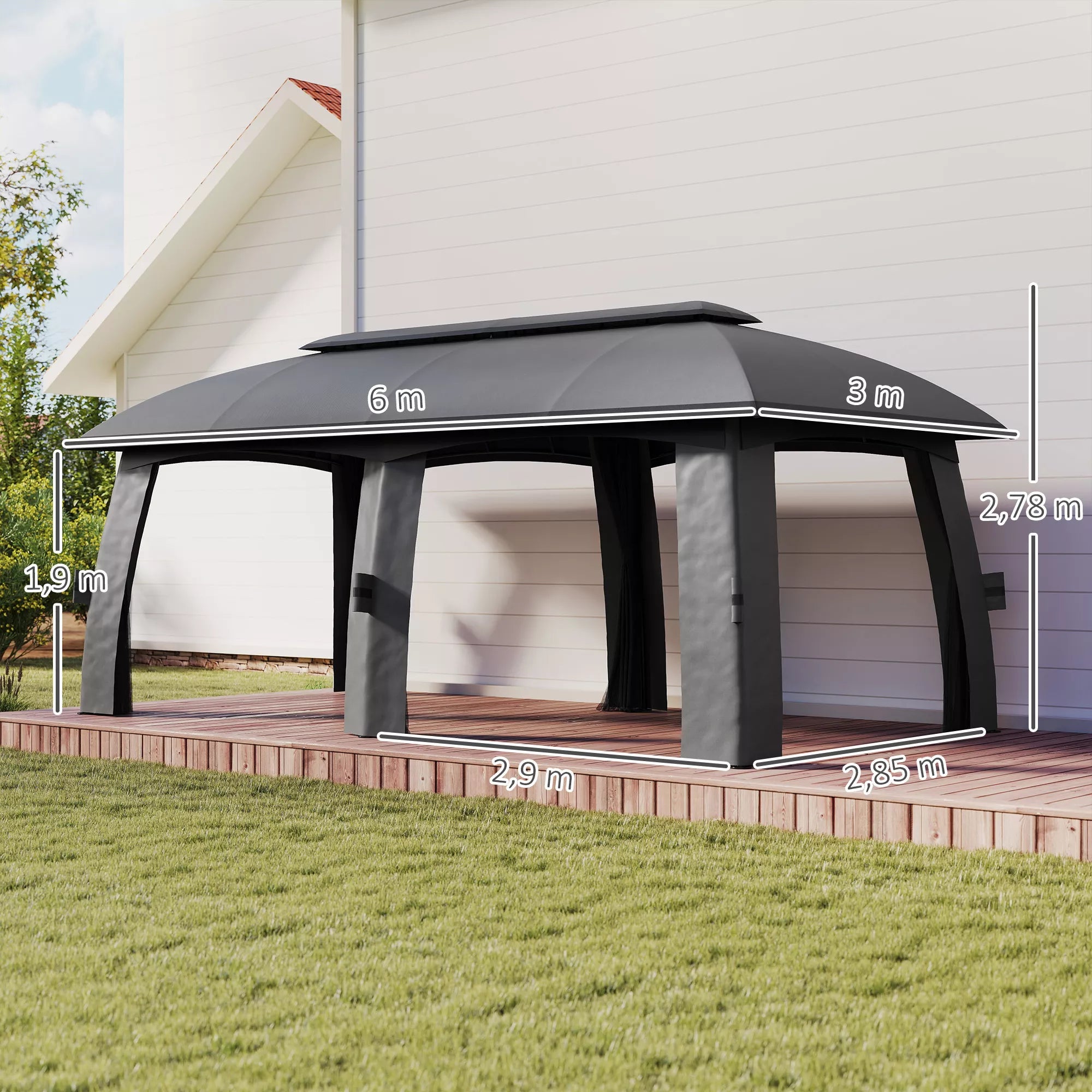 Paviljonas, šventinė palapinė, su tinklais nuo vabzdžių, apsauga nuo vėjo, iki 15 žmonių, tamsiai pilkos spalvos, 3 x 6 x 3 m