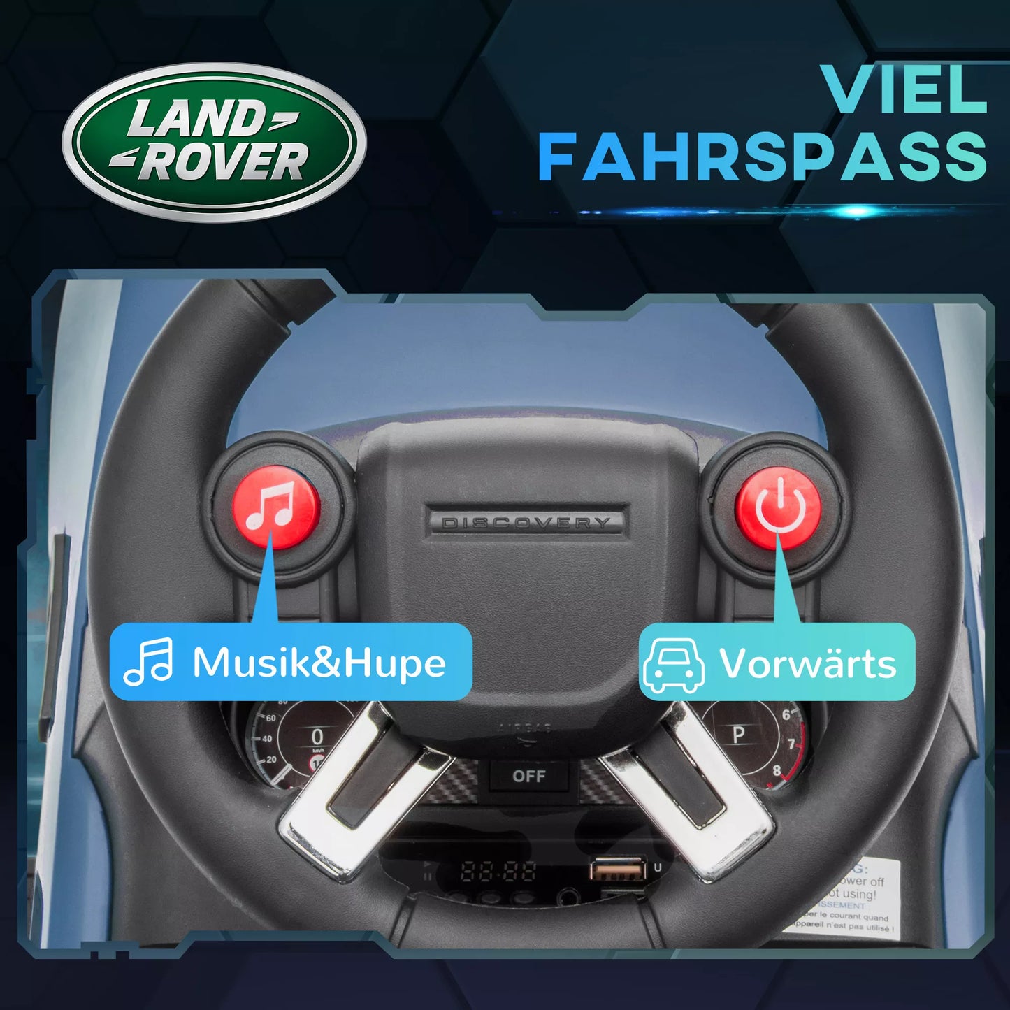 Elektrinis vaikiškas automobilis 6V, Land Rover, važiavimo/stumdomasis režimas, priekiniai žibintai, muzika, šviesiai mėlynas