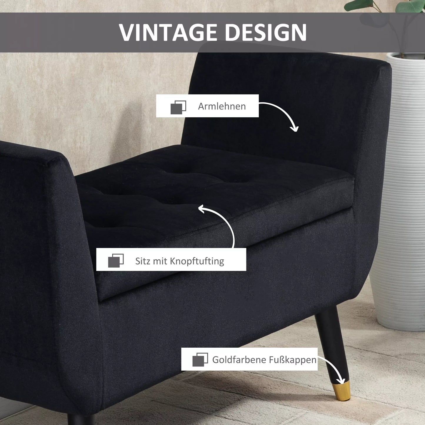 Suoliukas su daiktadėže, porankiais, paminkštintas, su aksomo išvaizda, talpinė skrynios formos suoliukas su medinėmis kojelėmis, tinkamas svetainei, miegamajam, koridoriui, 107 x 42 x 65 cm, juodas