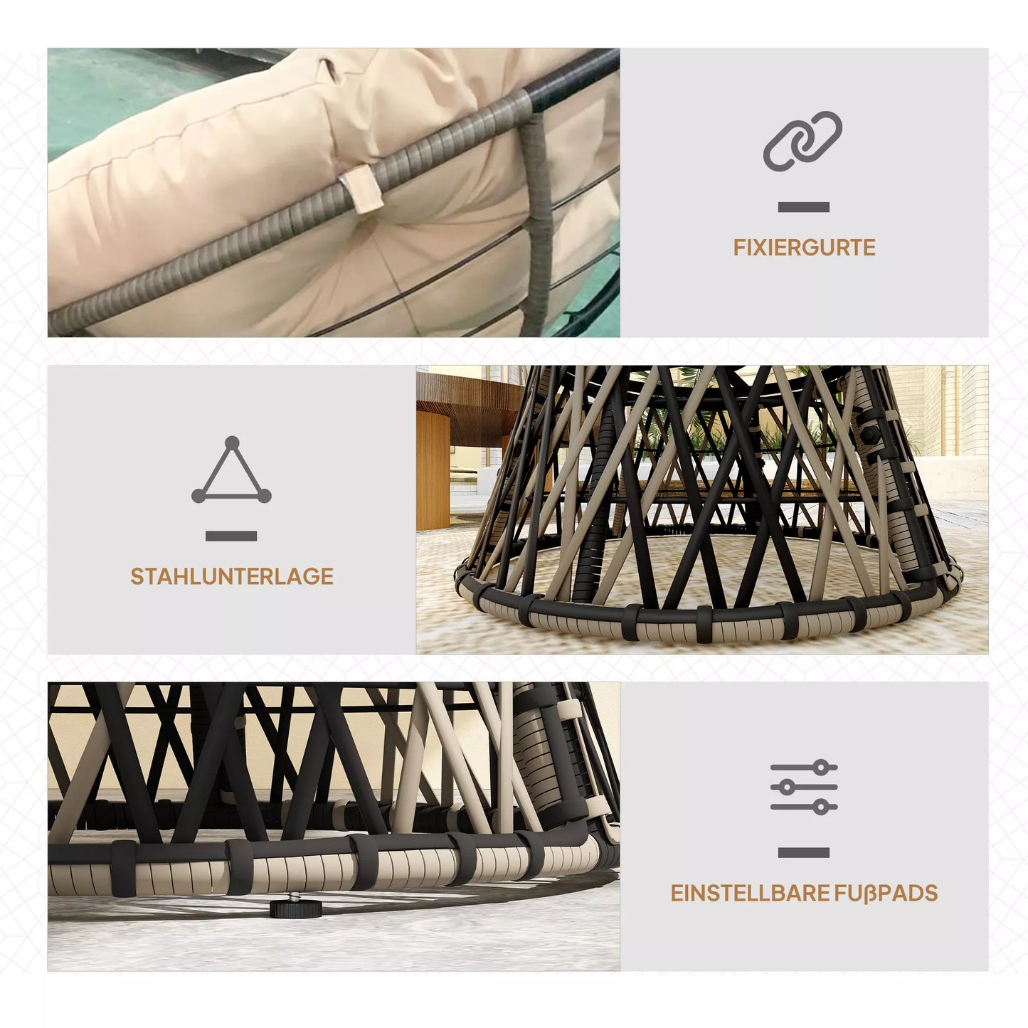 Papasan krėslas Rotango 360° sukamas pintas fotelis su pagalve, skersmuo 90 cm, apvalus, smėlio spalvos