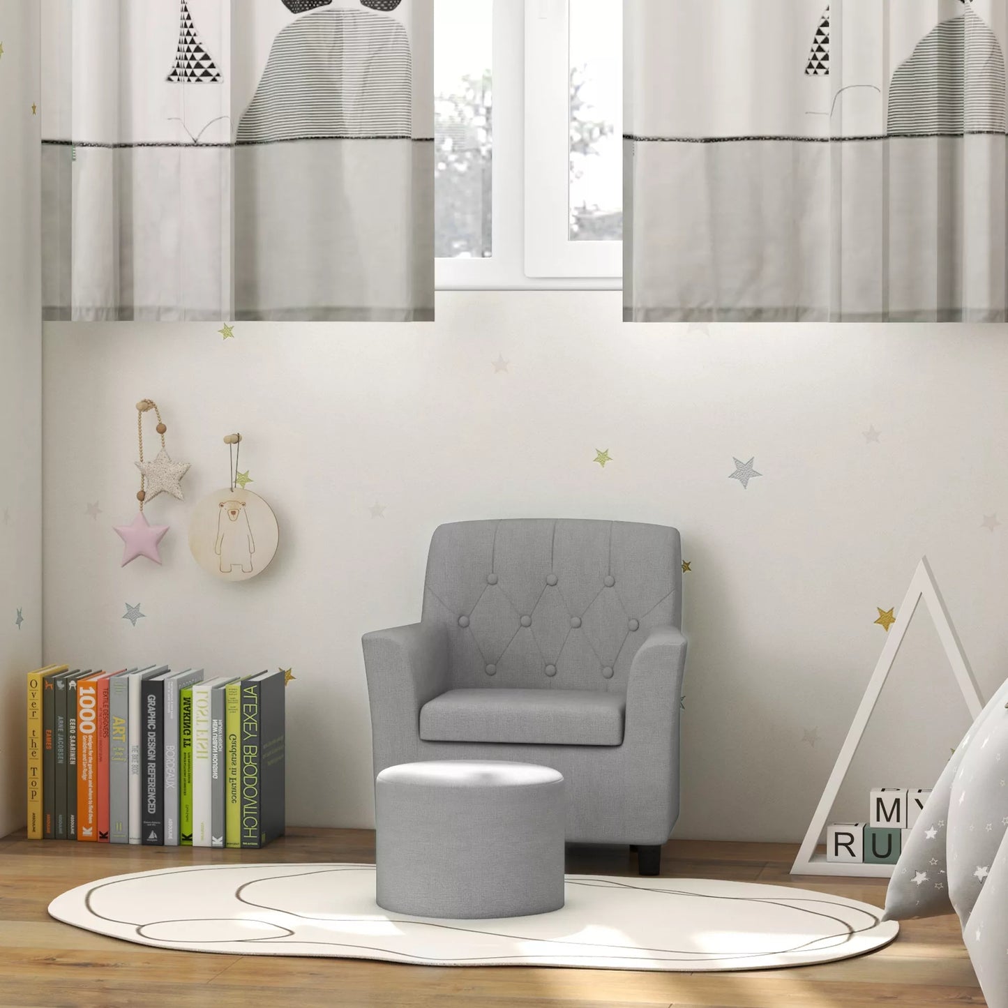 Vaikų fotelis su pufiku, atlošas su rombų raštu, minkšta sėdynė, medinis rėmas, pilkas