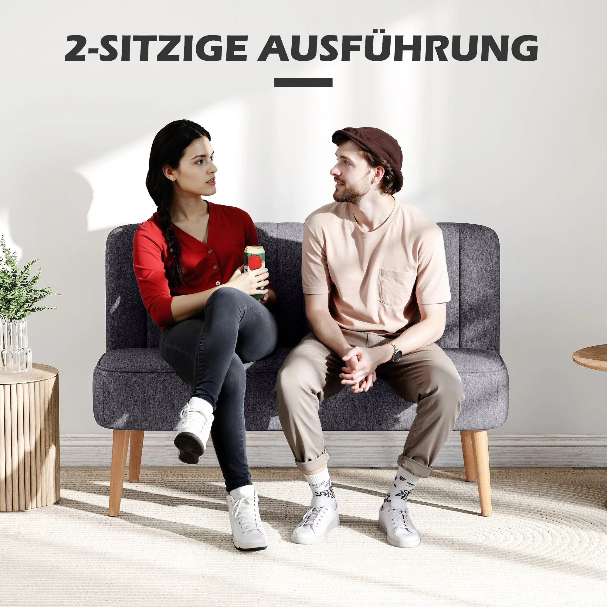 Dvivietė sofa, minkšta kušetė su lengvai prižiūrimu audiniu, tekstilė ir medis, 117x56,5x77 cm, tamsiai pilka