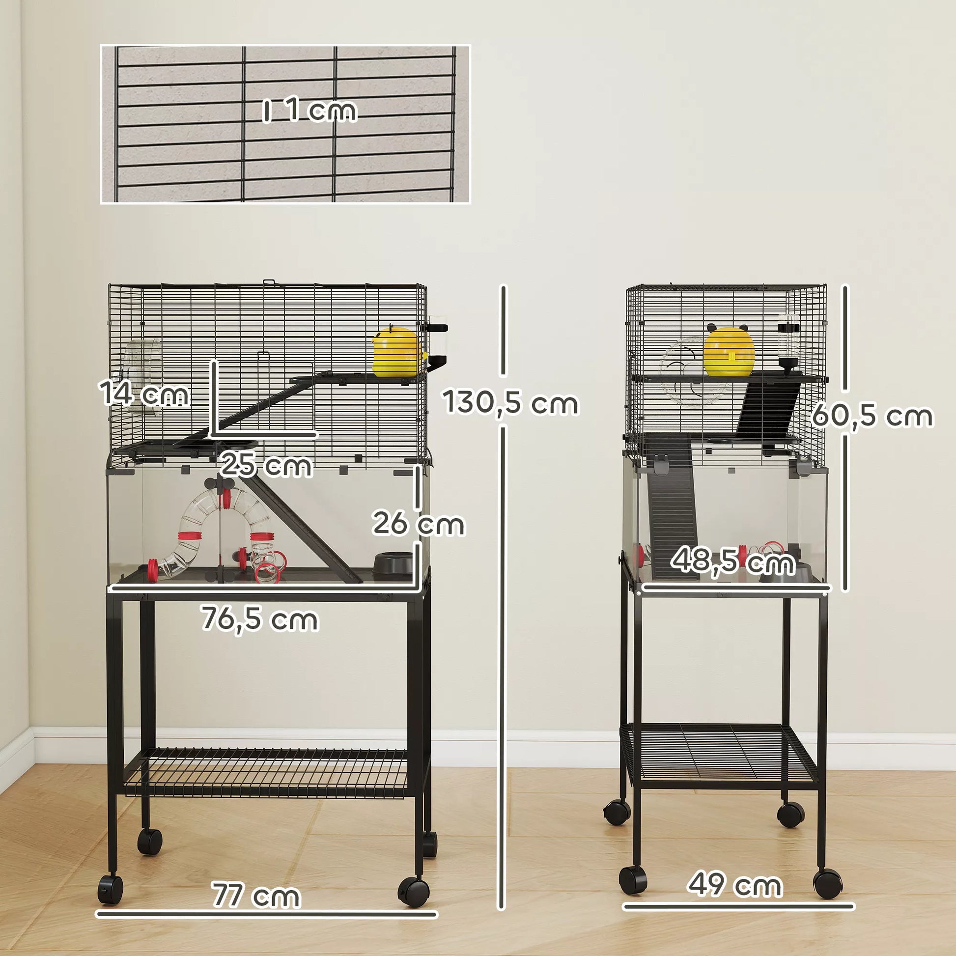 Hamsterio narvelis, 3 aukštų narvelis smulkiesiems gyvūnams, bėgimo ratas, namelis, platformos, rampos, pašaro dubuo, vandens butelis, priedai, plienas, plastikas, juoda spalva