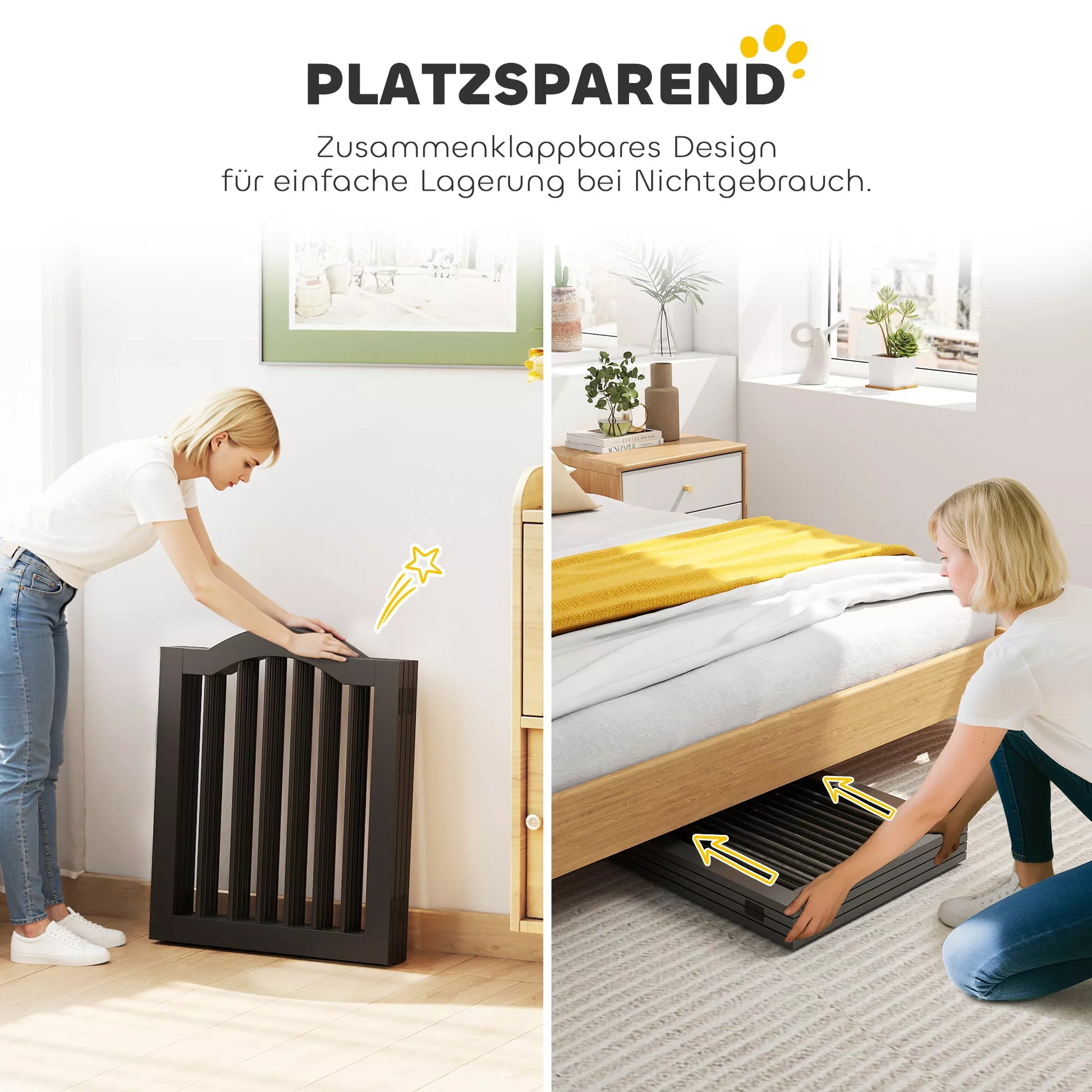 Apsauginė tvora šunims Laisvai stovinti apsauginė tvora su kojomis, sulankstoma tvora šunims, 4 paneliai, 208 x 29,5 x 61 cm, juoda