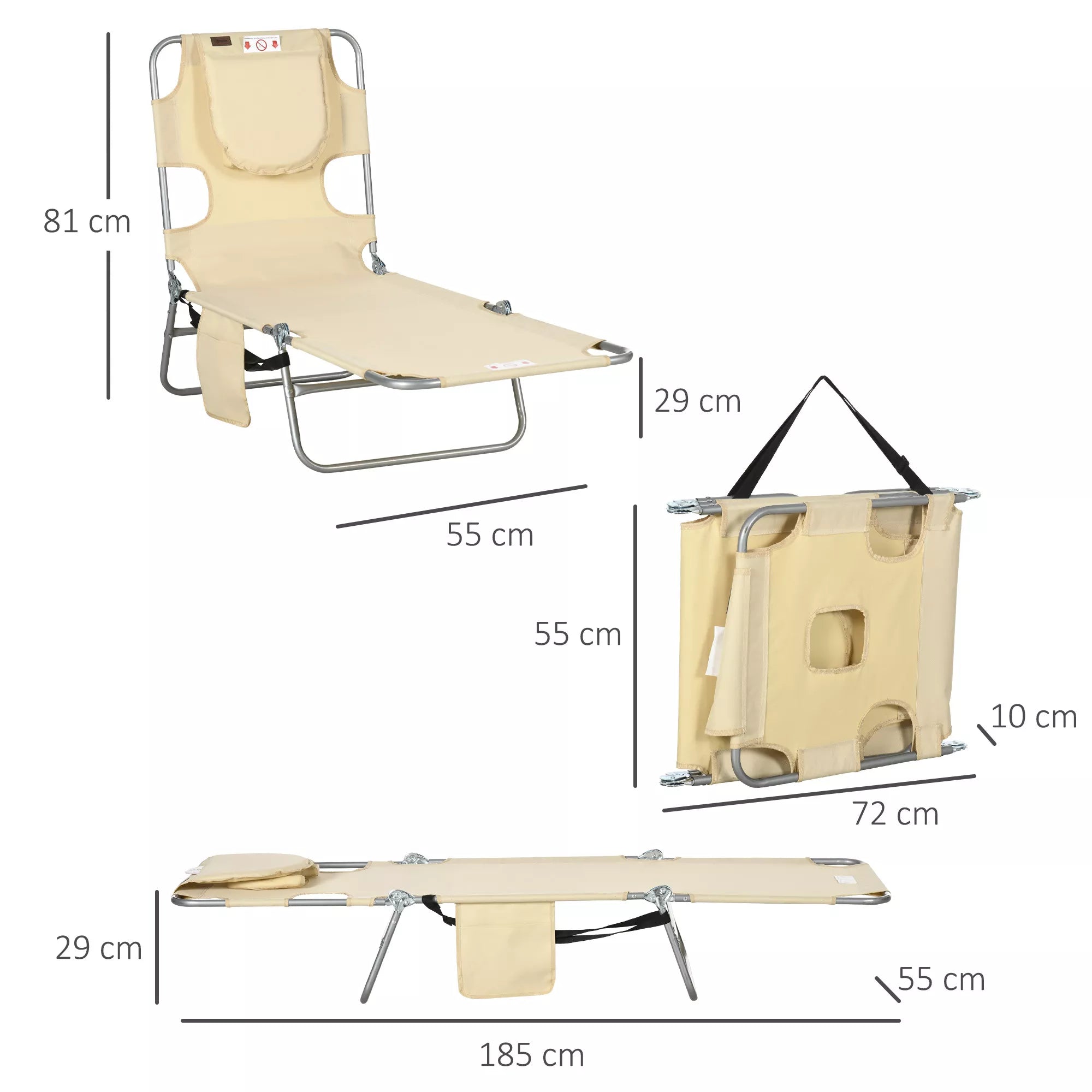 Gulto matmenys: ilgis 185 cm, plotis 55 cm, sulankstyto aukštis 29 cm, atlošo aukštis 81 cm