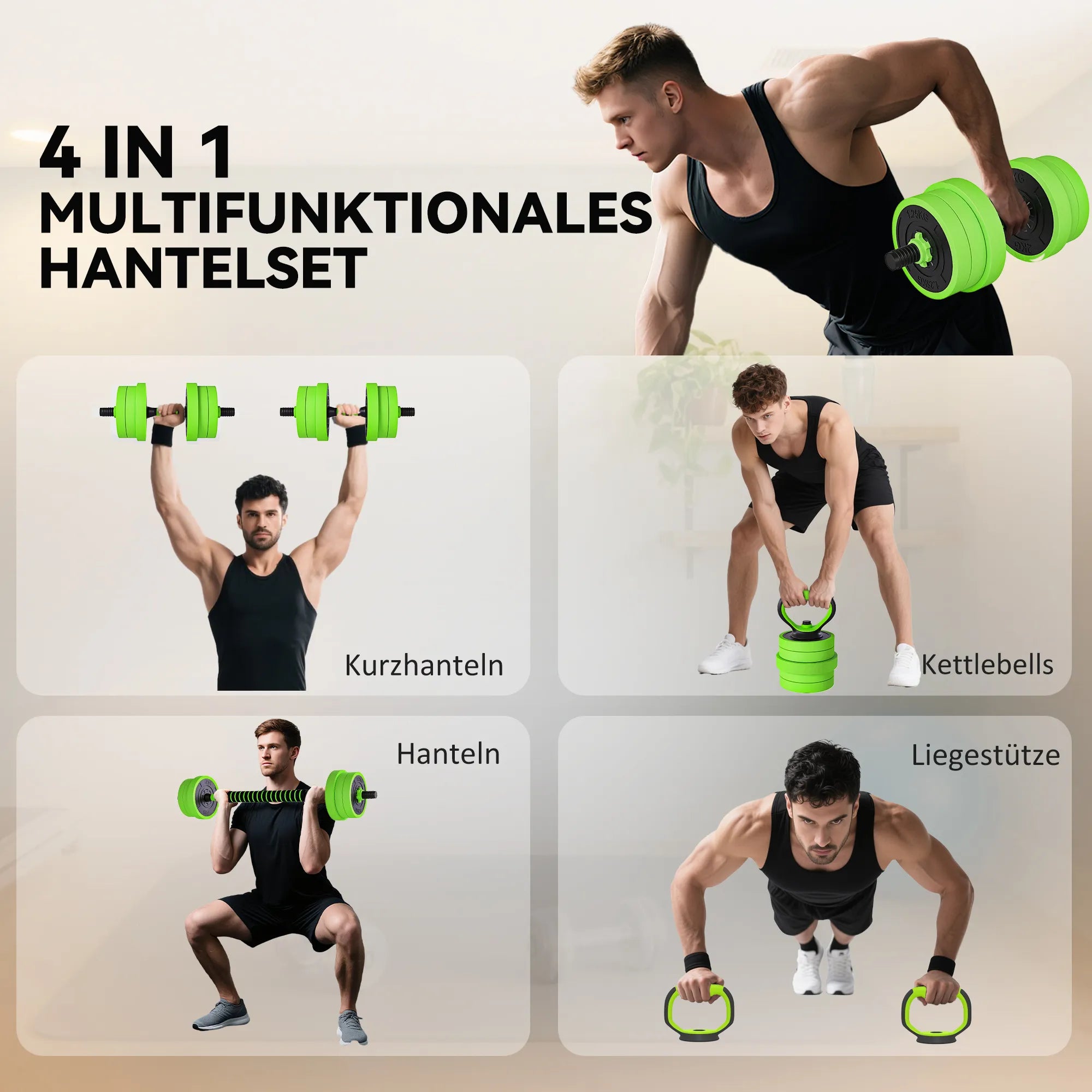 4 in 1 hantelių rinkinys 20 kg reguliuojami hanteliai ir štanga Kettlebell atsispaudimų rankenos Žalia