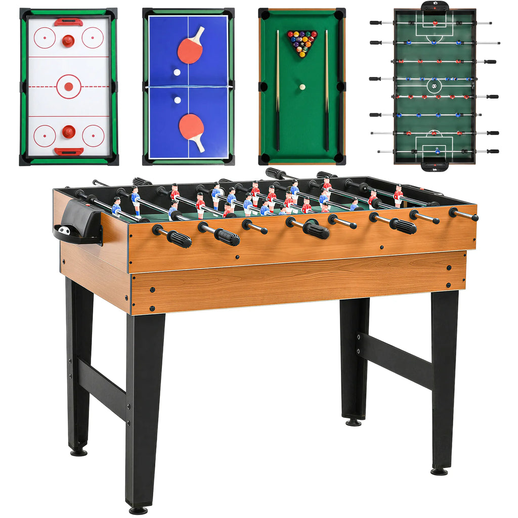 4-in-1 vakarėlių žaidimų stalas, įskaitant stalo tenisą, futbolą, biliardą, stalo ritulį, metalas, medis, natūralus + juodas