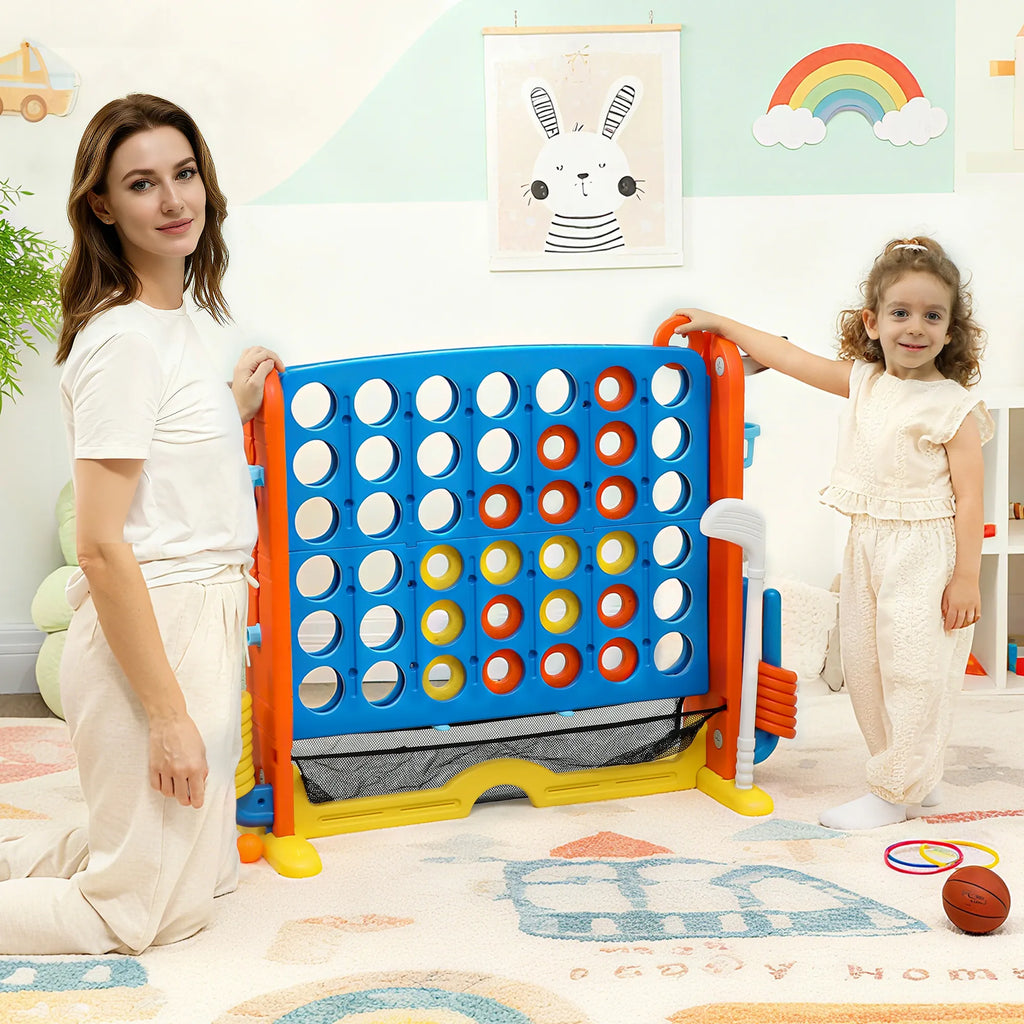 4-in-1 žaidimų rinkinys, „Four in a Row“, reguliuojamas aukštis, tinklinė kišenė, plastikas, spalvotas