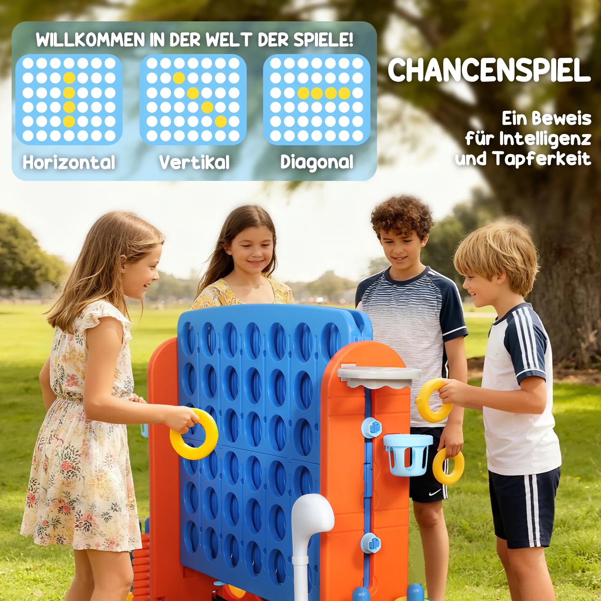 4-in-1 žaidimų rinkinys, „Four in a Row“, reguliuojamas aukštis, tinklinė kišenė, plastikas, spalvotas