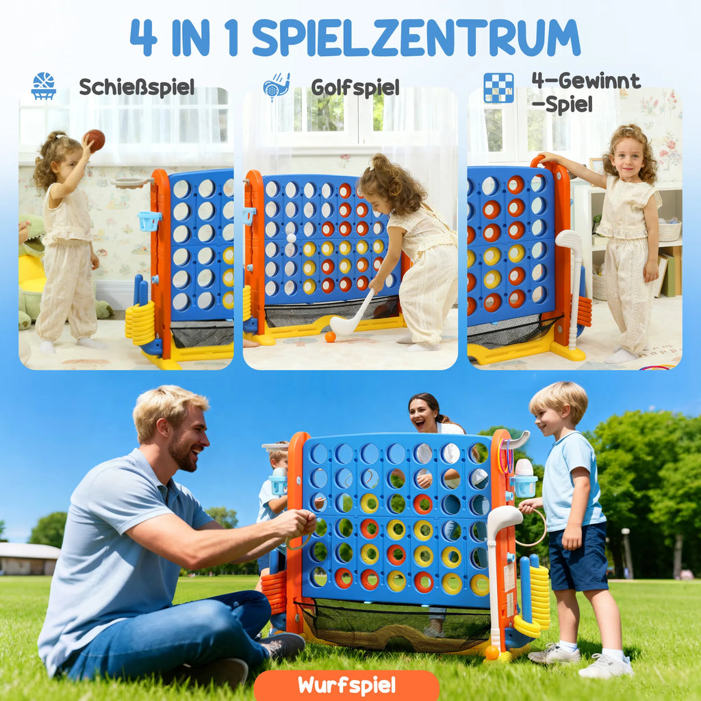 4-in-1 žaidimų rinkinys, „Four in a Row“, reguliuojamas aukštis, tinklinė kišenė, plastikas, spalvotas