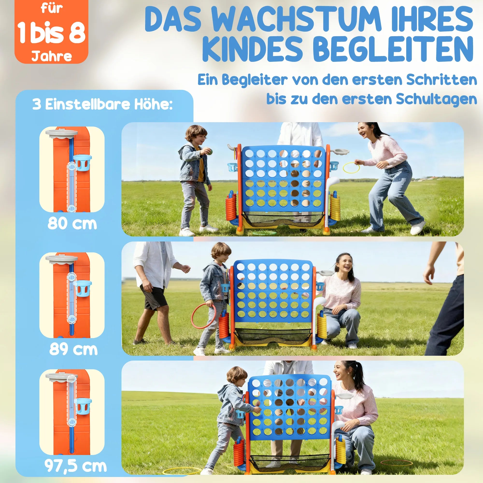 4-in-1 žaidimų rinkinys, „Four in a Row“, reguliuojamas aukštis, tinklinė kišenė, plastikas, spalvotas