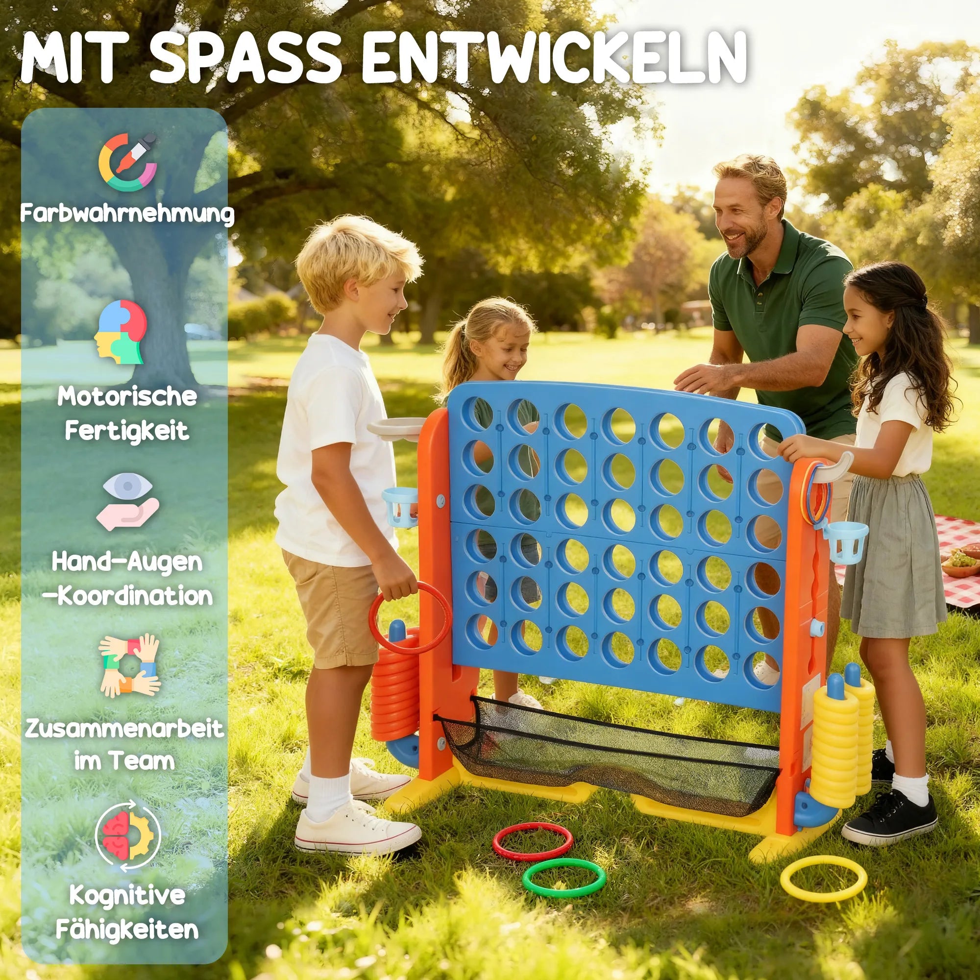 4-in-1 žaidimų rinkinys, „Four in a Row“, reguliuojamas aukštis, tinklinė kišenė, plastikas, spalvotas