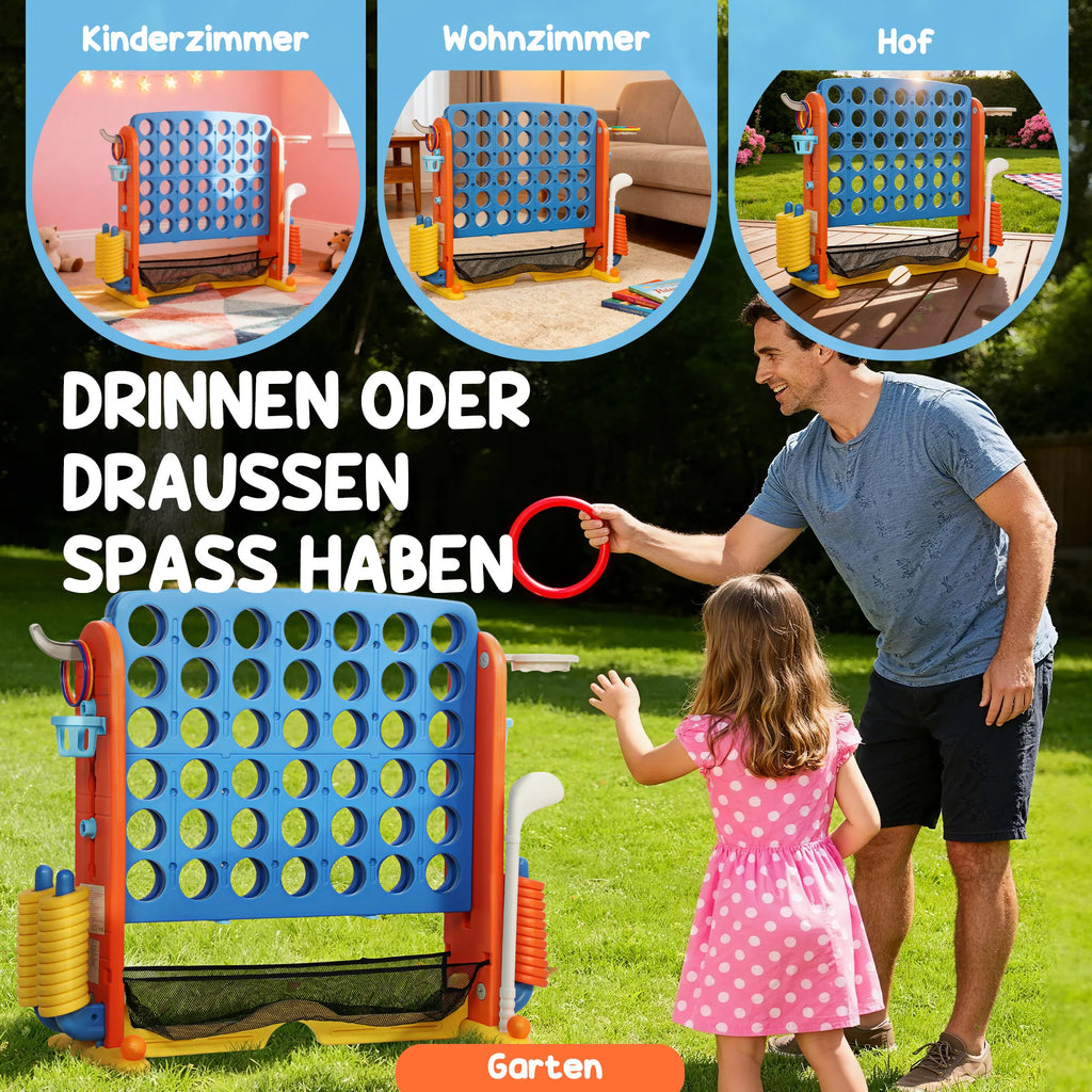 4-in-1 žaidimų rinkinys, „Four in a Row“, reguliuojamas aukštis, tinklinė kišenė, plastikas, spalvotas