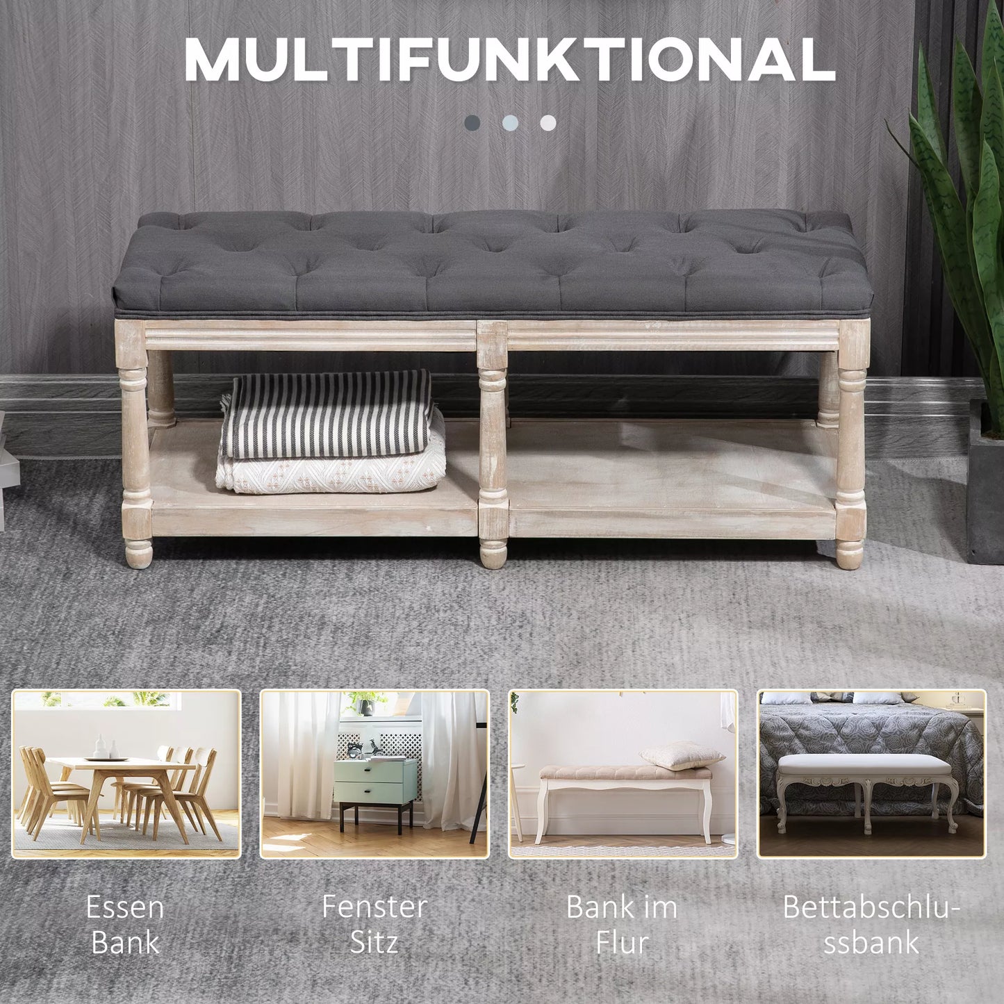 Suolas su daiktadėže, vintažinio dizaino, dekoruotas sagomis, iš gummedžio medienos, 115x40x48cm, pilkos spalvos