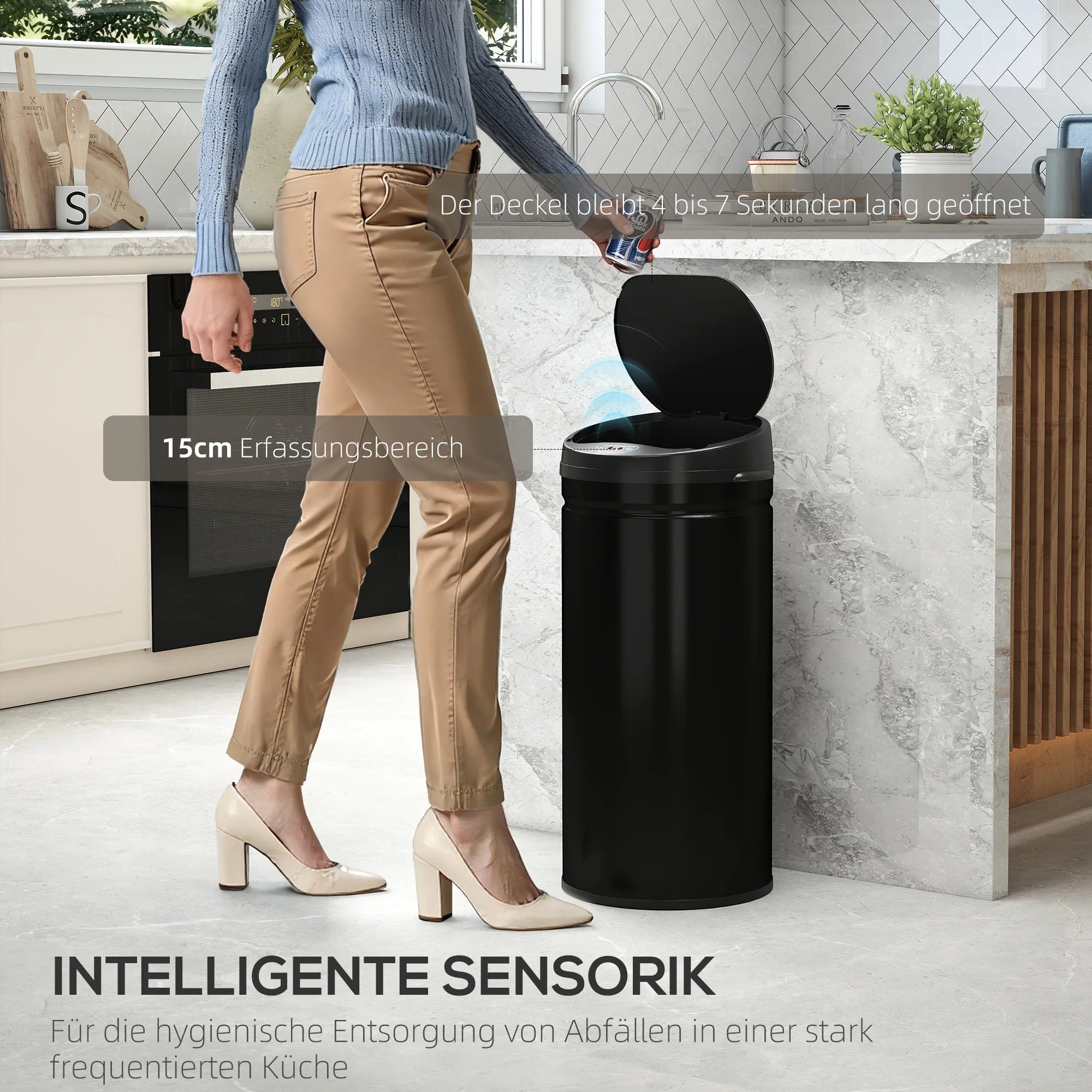 42 litrų talpos šiukšliadėžė su jutikliu ir „Soft-Close“ funkcija, neliestinė nerūdijančio plieno šiukšliadėžė, skirta higieniškoms virtuvėms