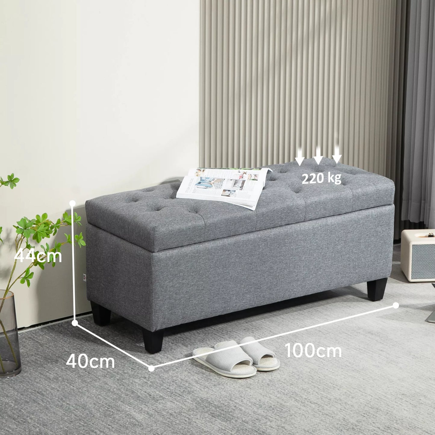 Suolas su daiktadėže, apmuštas, lininio tipo poliesteris, kaučiuko mediena, 100 x 40 x 44 cm, šviesiai pilkas