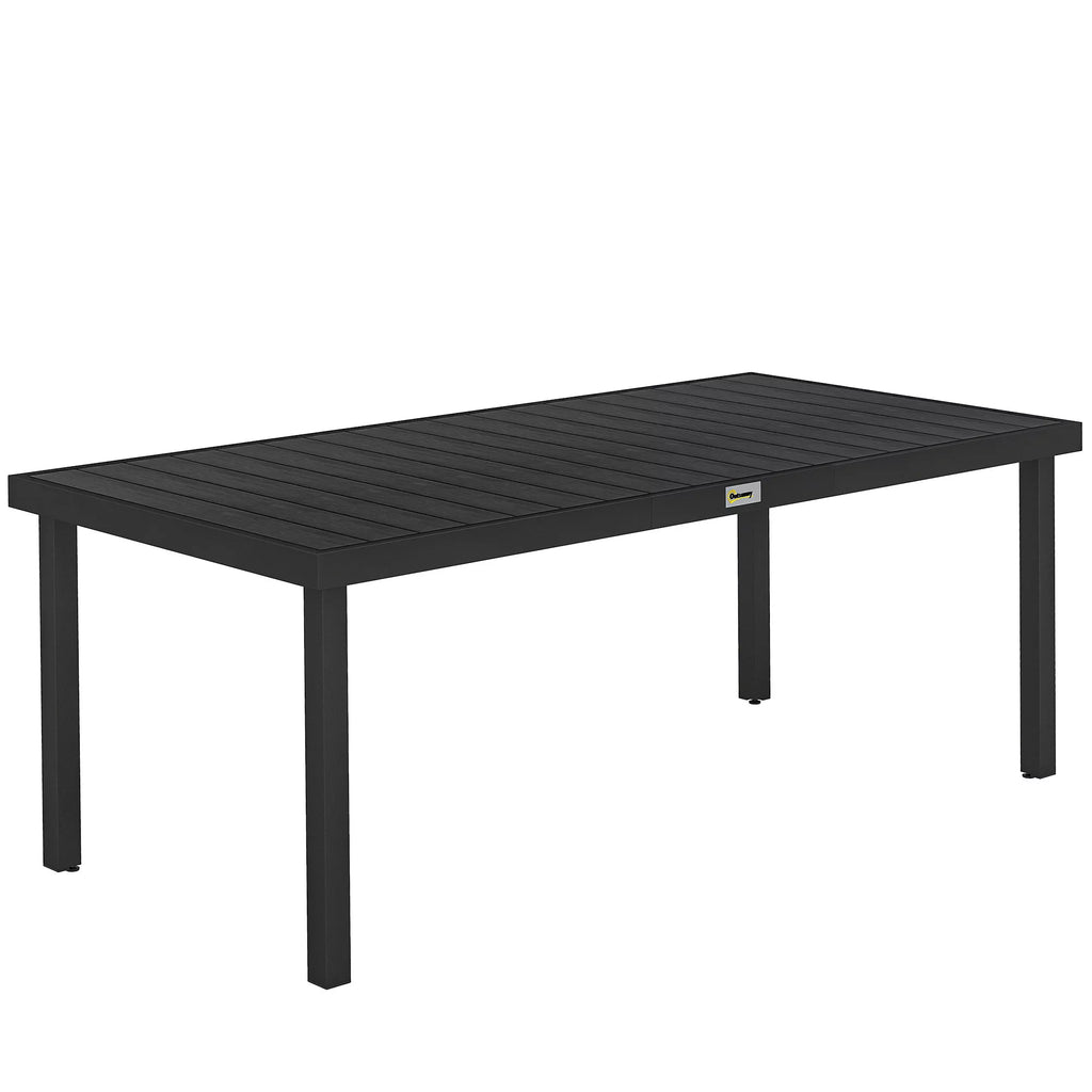 Medžio imitacijos lauko stalas, aliuminio valgomojo baldas 8 asmenims, HDPE plastikas, 190x90x74 cm, juoda