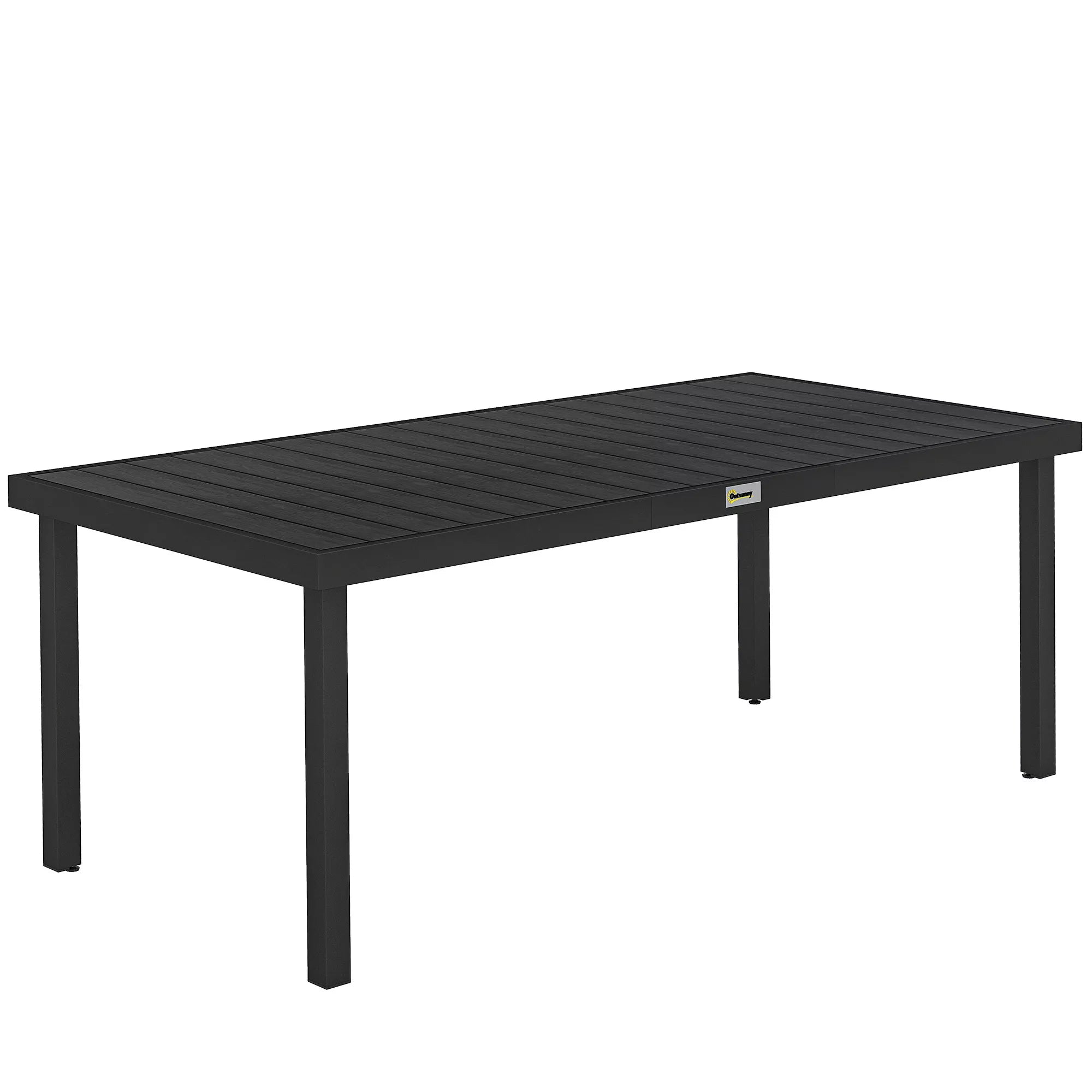 Medžio imitacijos lauko stalas, aliuminio valgomojo baldas 8 asmenims, HDPE plastikas, 190x90x74 cm, juoda