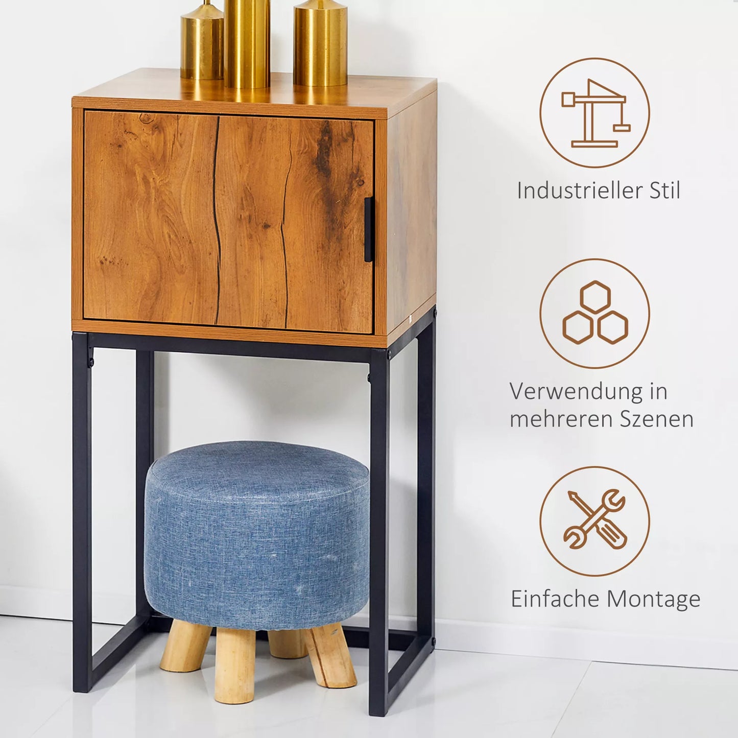 Konsolinis staliukas industrinio dizaino, pagalbinis staliukas, komoda, 1 spintelė, ruda + juoda