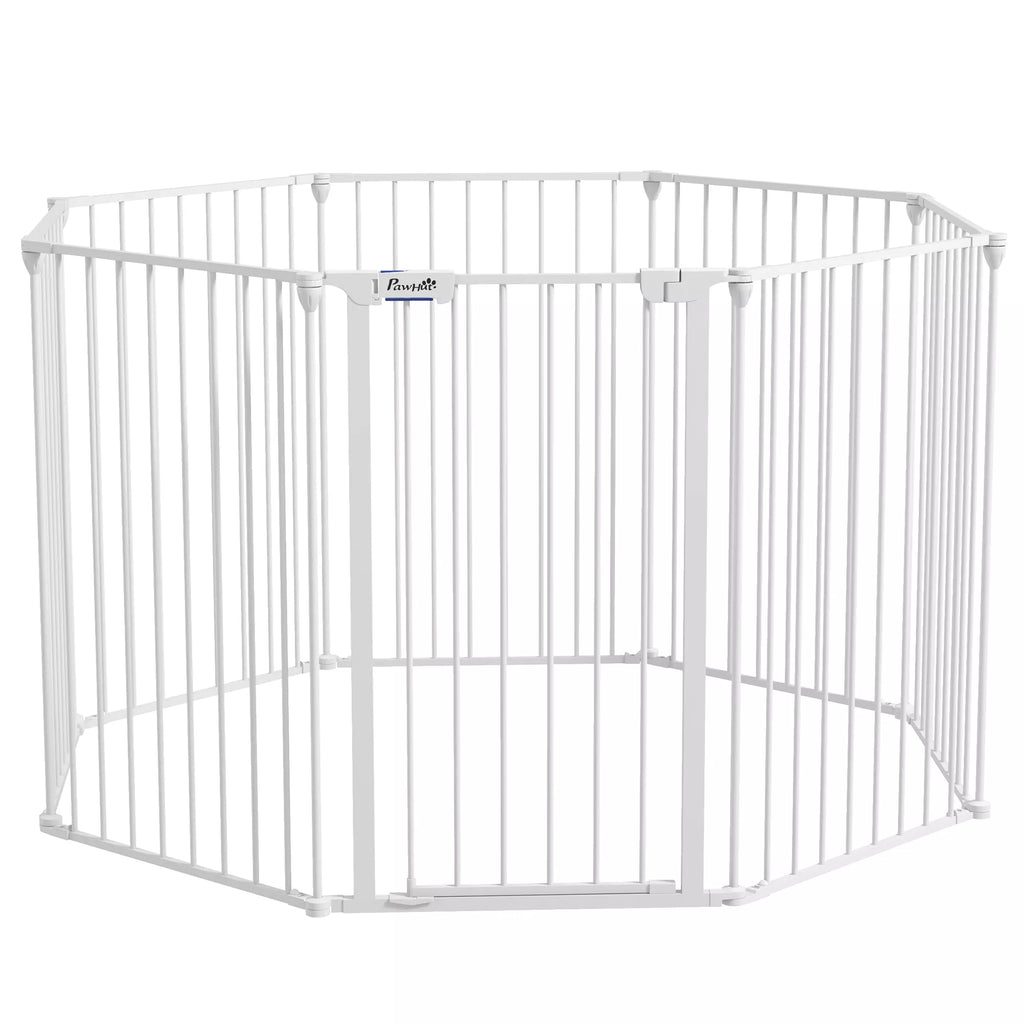 2-in-1 šuniukų aptvaras ir apsauginė tvorelė, 8 paneliai, užrakinamos durys, plienas, 90 cm aukštis, balta