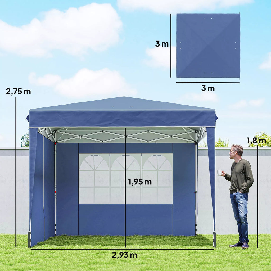 Paviljonas 3 x 3 m, atsparus vandeniui, reguliuojamo aukščio, išskleidžiamas, su 2 šoniniais elementais, UV 50+, sulankstomas, tamsiai mėlynos spalvos