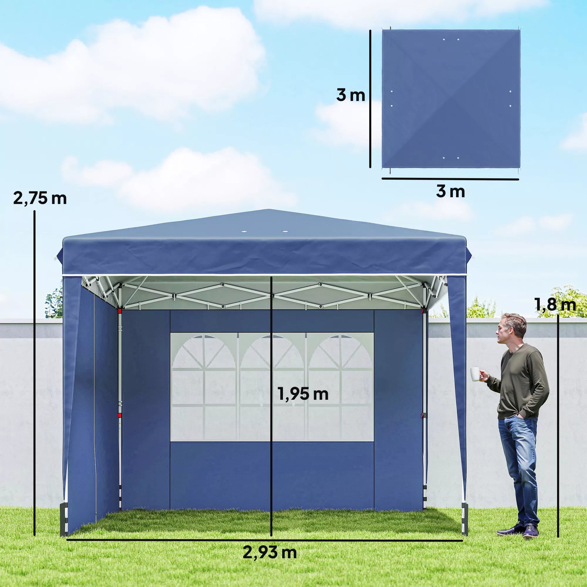 Paviljonas 3 x 3 m, atsparus vandeniui, reguliuojamo aukščio, išskleidžiamas, su 2 šoniniais elementais, UV 50+, sulankstomas, tamsiai mėlynos spalvos