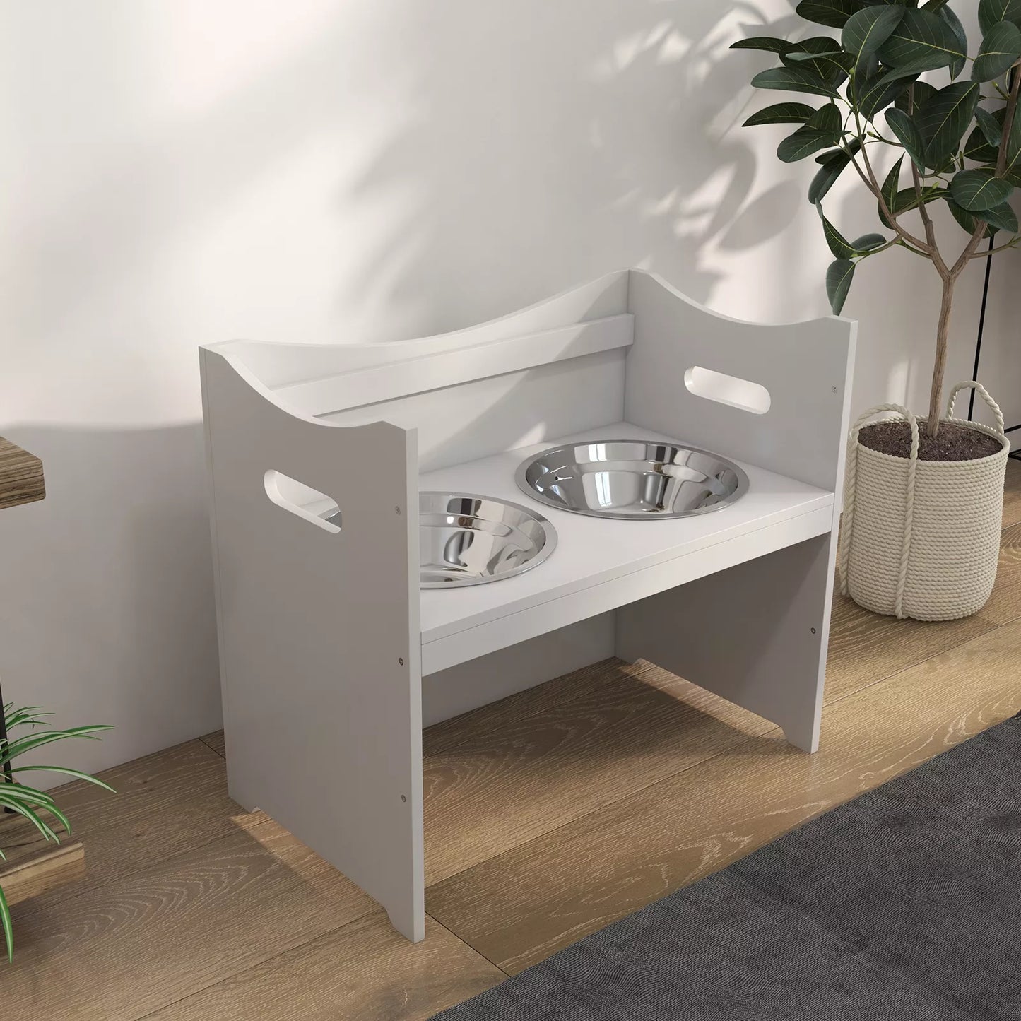 Maisto stotelė šunims, 2 nerūdijančio plieno dubenėliai, reguliuojamo aukščio, 54x31,5x47cm, balta