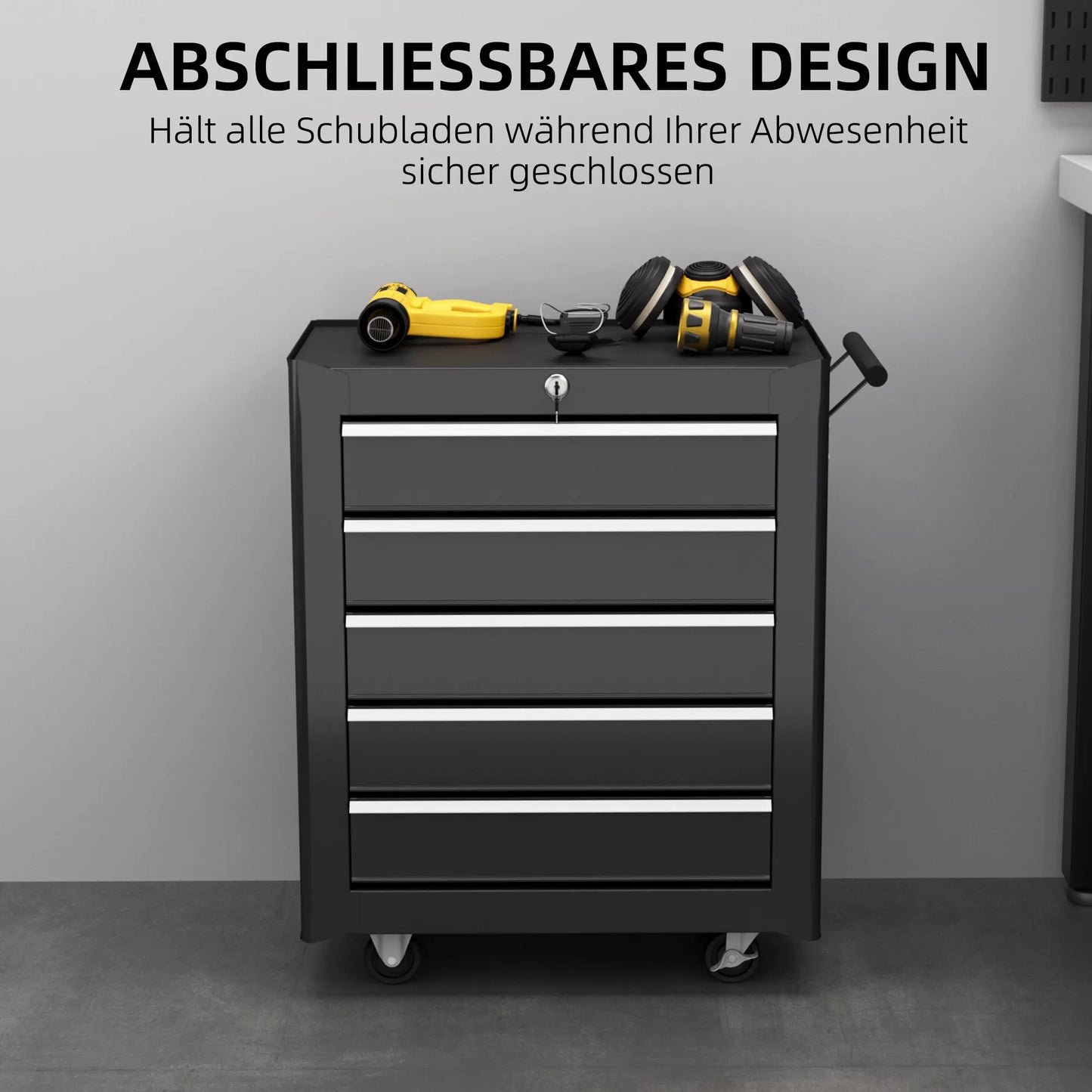 Įrankių dėžė, įrankių spintelė, su ratukais, 5 stalčiai, plienas, juoda